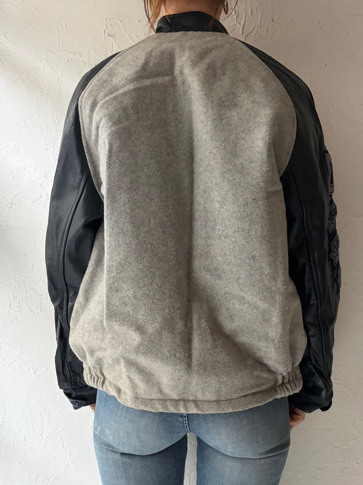 80s 'Prime Sports' Blue & Grey Retro Varsity Bomber Jacket / Medium