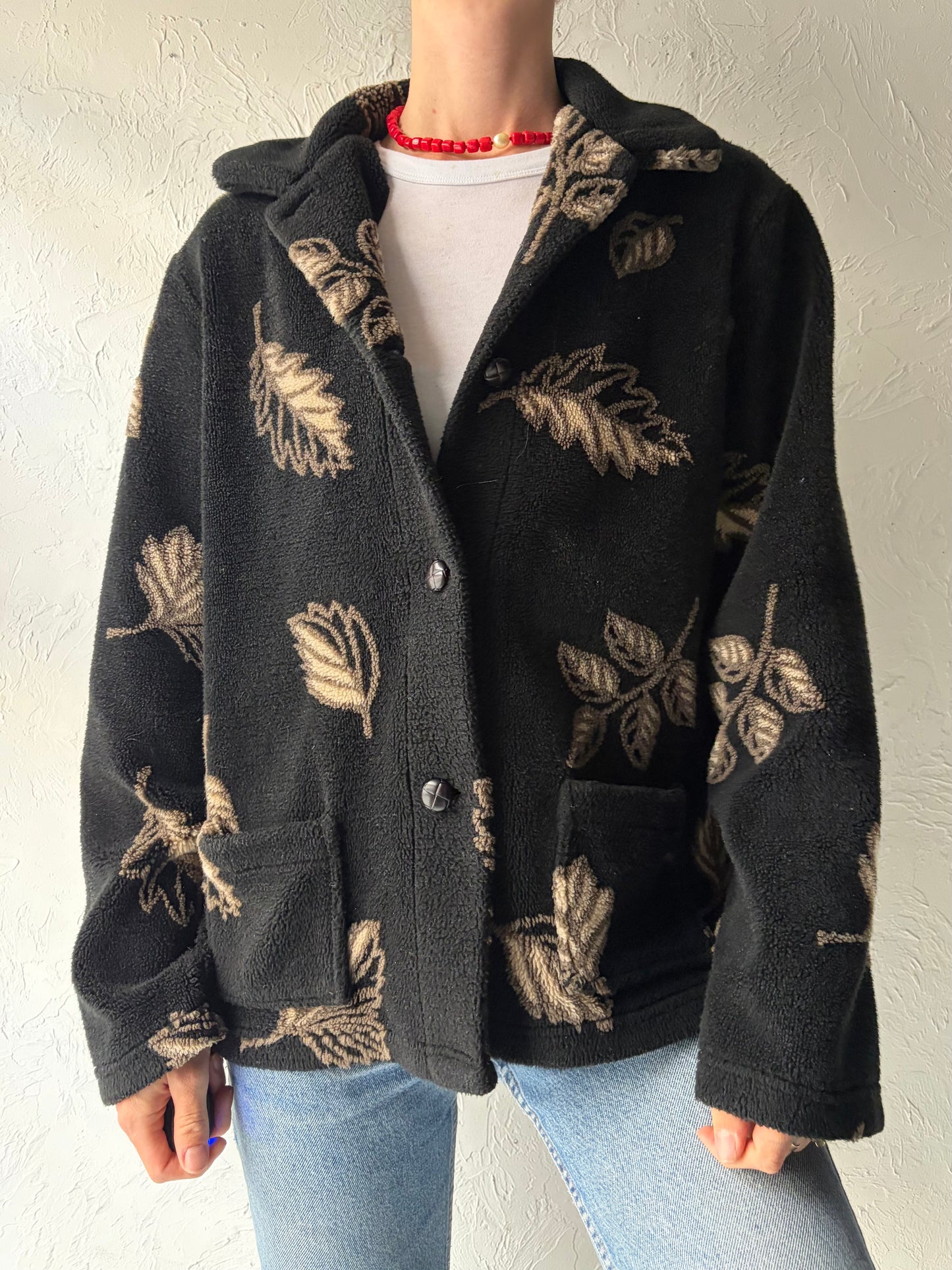 90s 'MIC' Black Leaf Fleece Jacket / Small