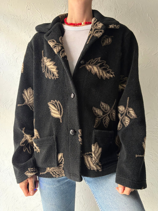 90s 'MIC' Black Leaf Fleece Jacket / Small