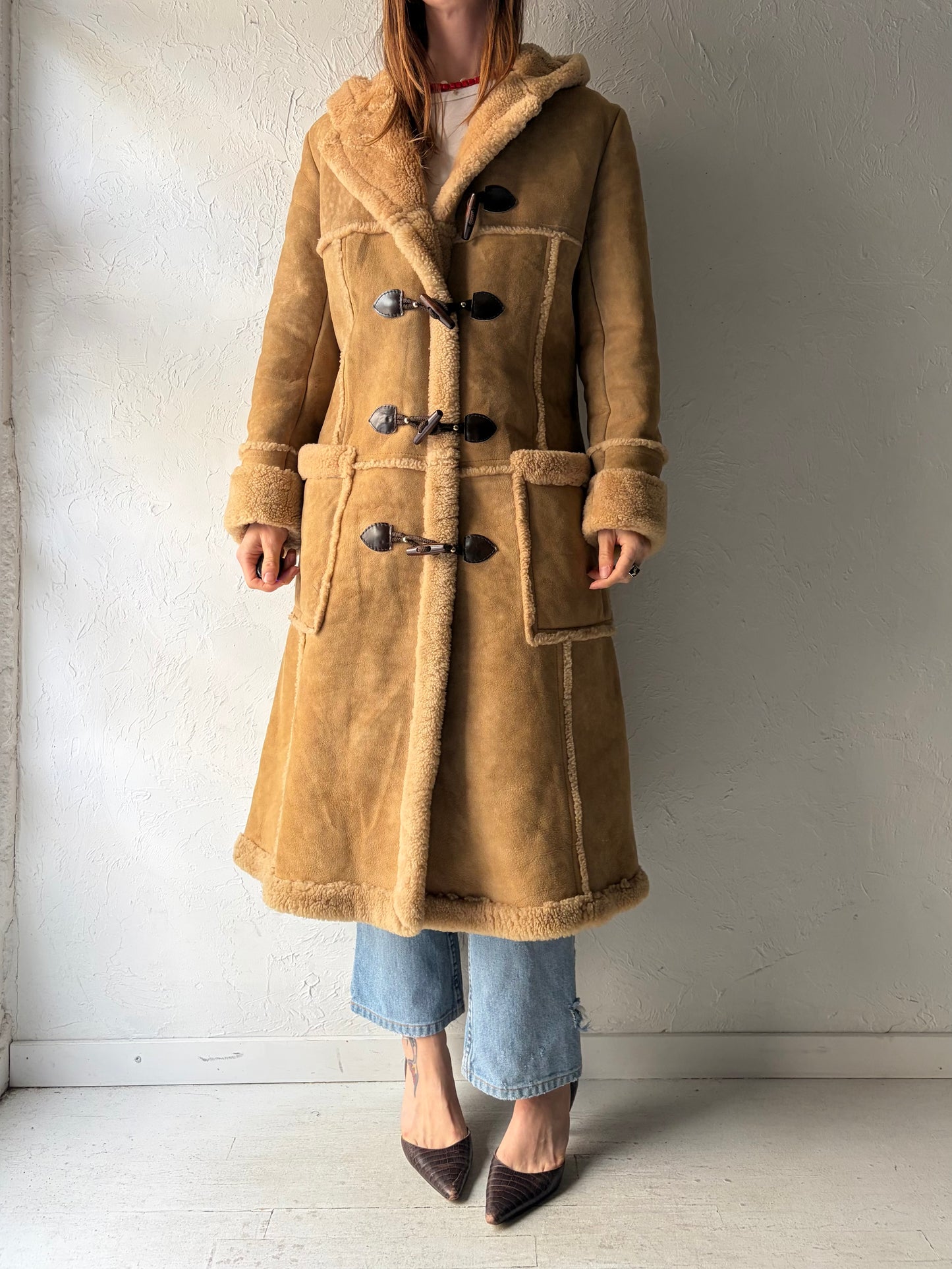 Vintage 'Pacific Fur' Suede Leather Hooded Winter Coat / Small