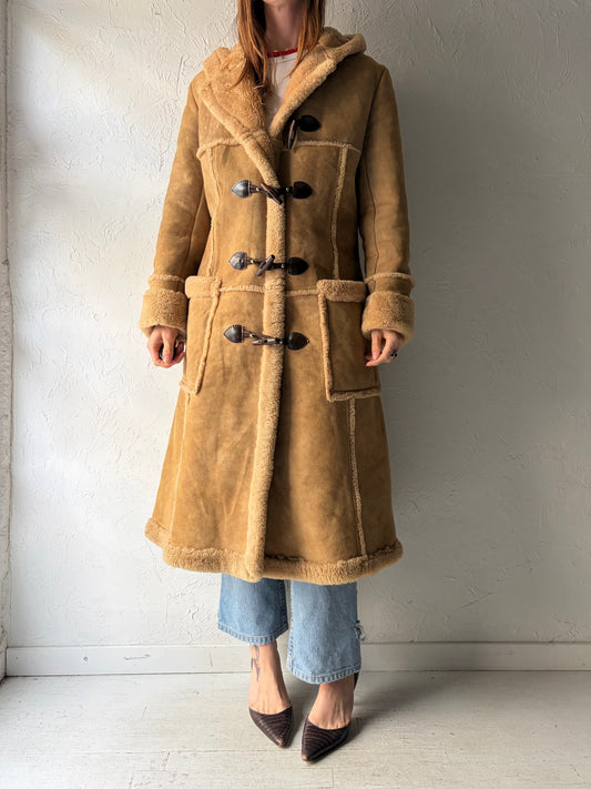 Vintage 'Pacific Fur' Suede Leather Hooded Winter Coat / Small