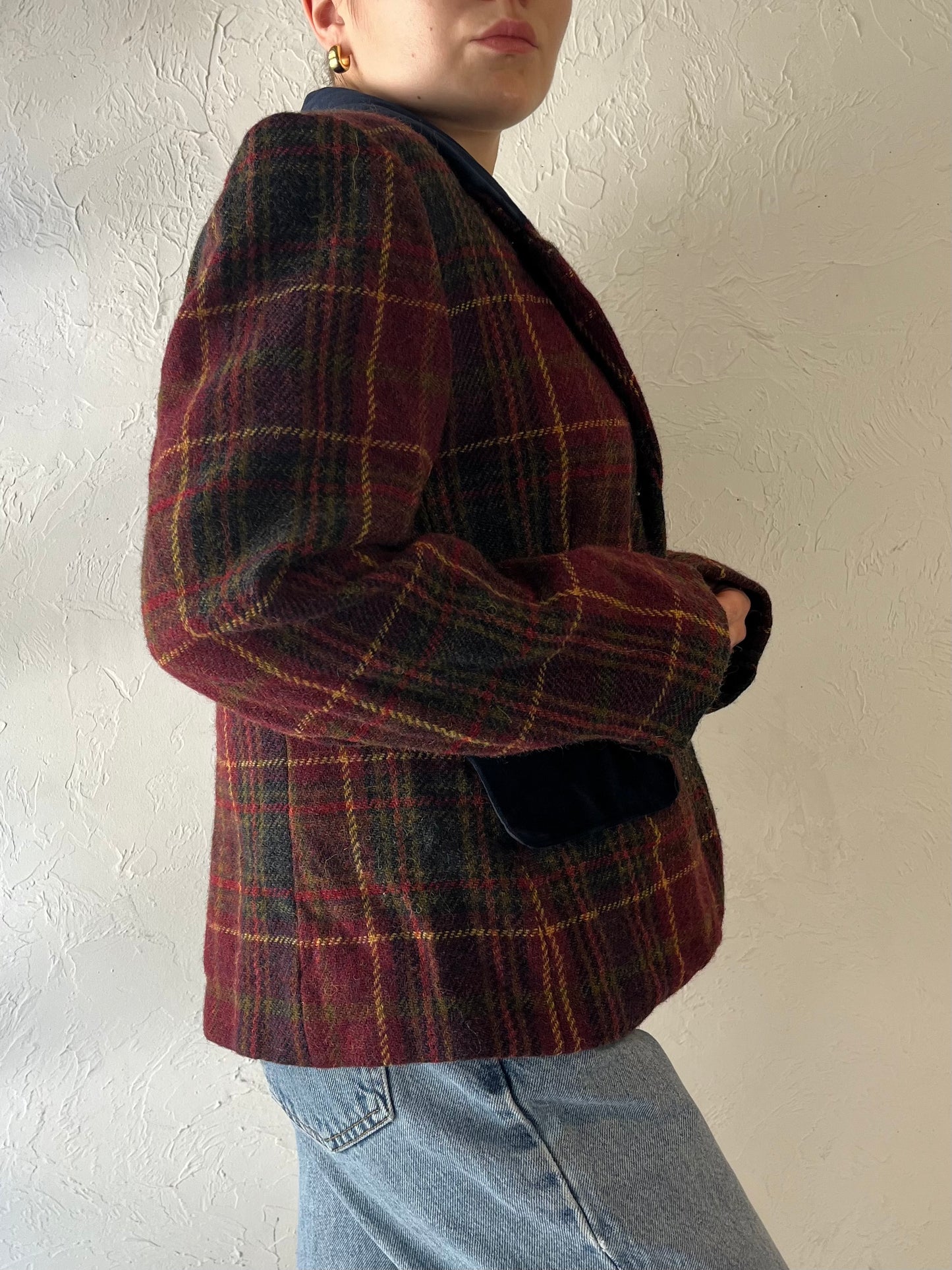 90s 'Jones New York' Knit Wool Plaid Blazer Jacket / Medium