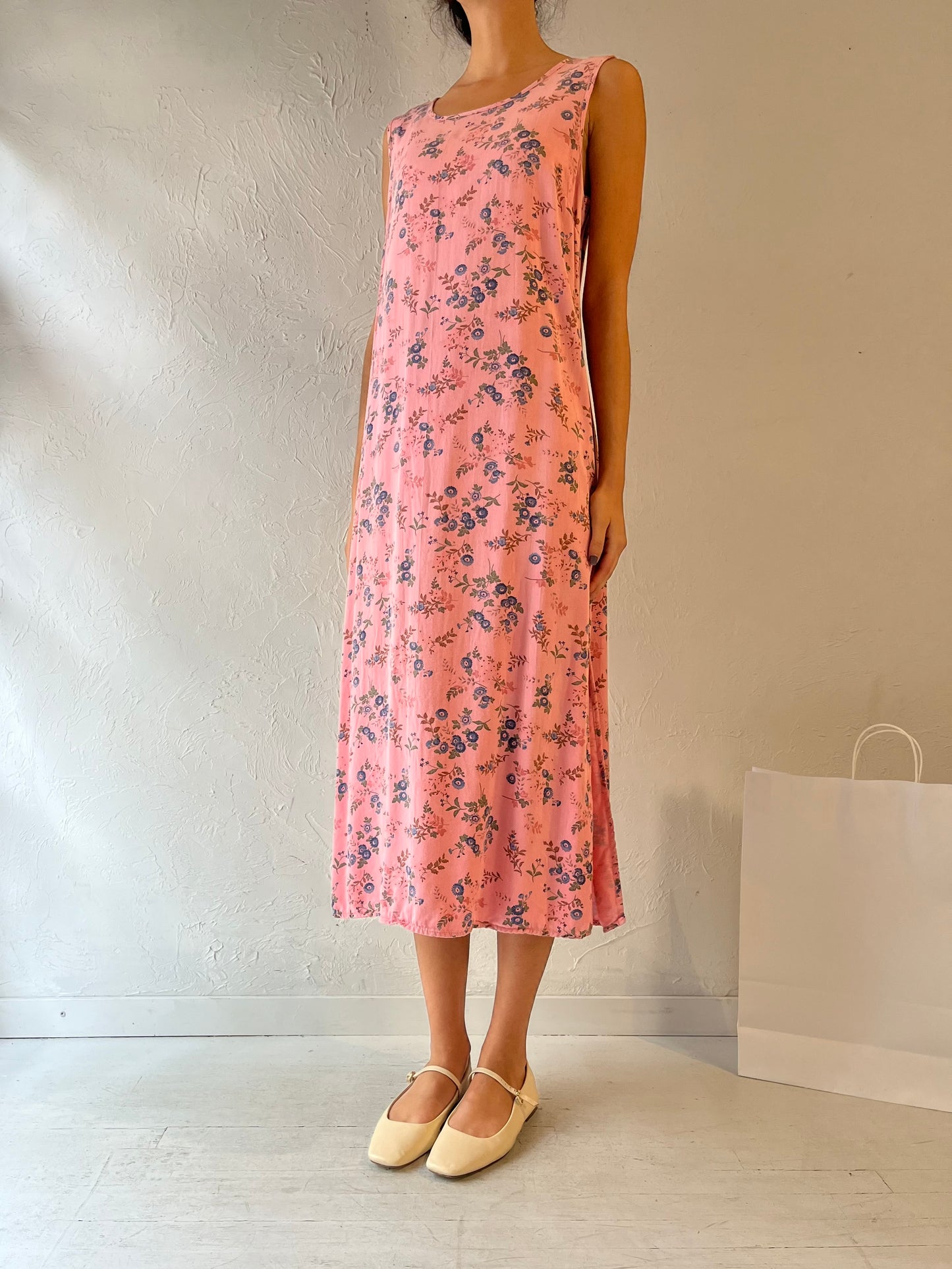 90s 'Cherokee' Pink Floral Print Rayon Dress / Small