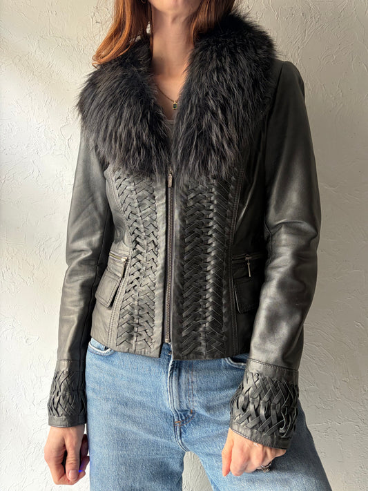 90s 'Cache' Black Mod Leather Jacket with Fur Collar / Small
