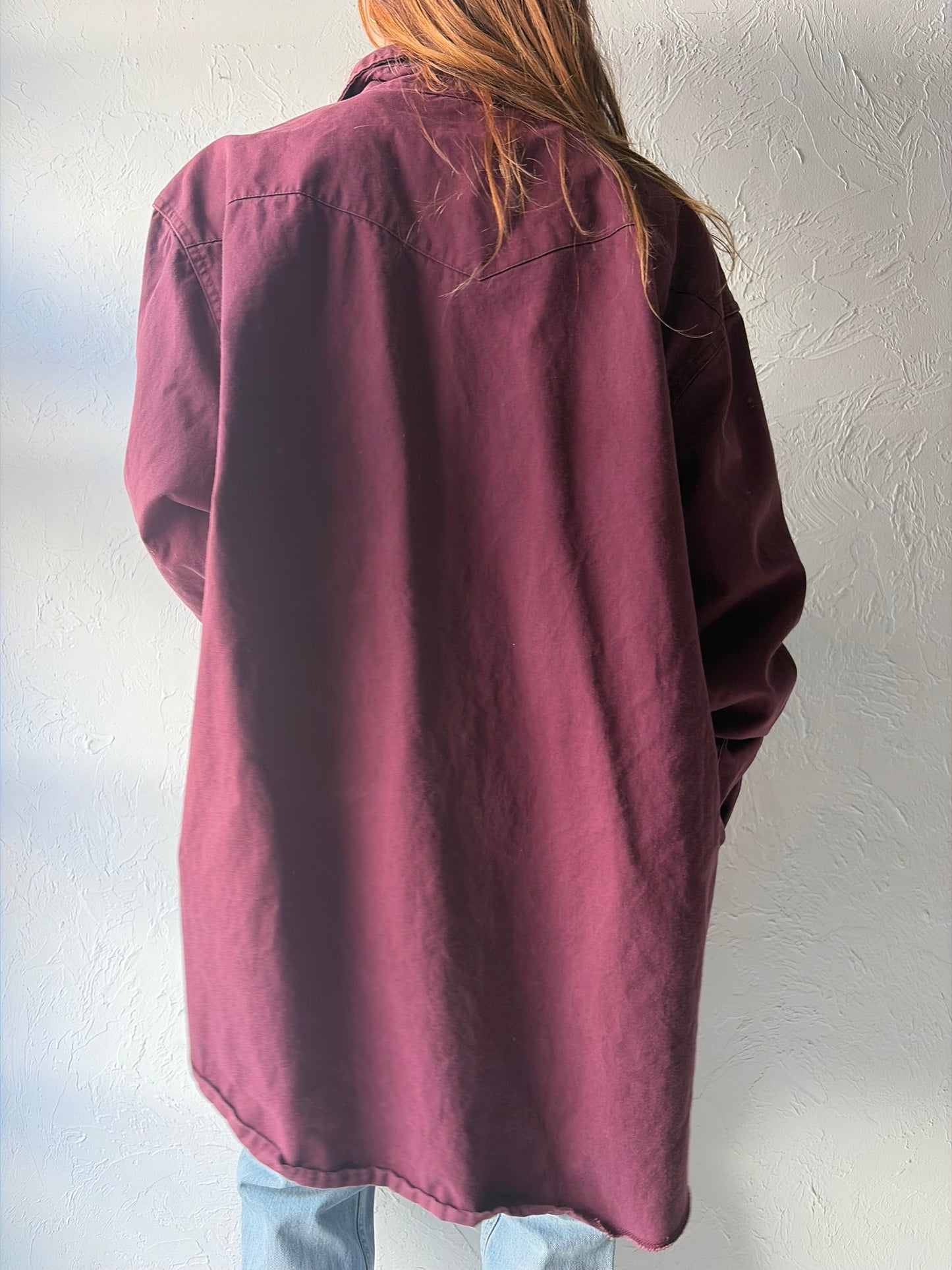 Y2k 'Wrangler' Burgandy Western Cowboy Workwear Pearl Snap Up Shirt / XXL