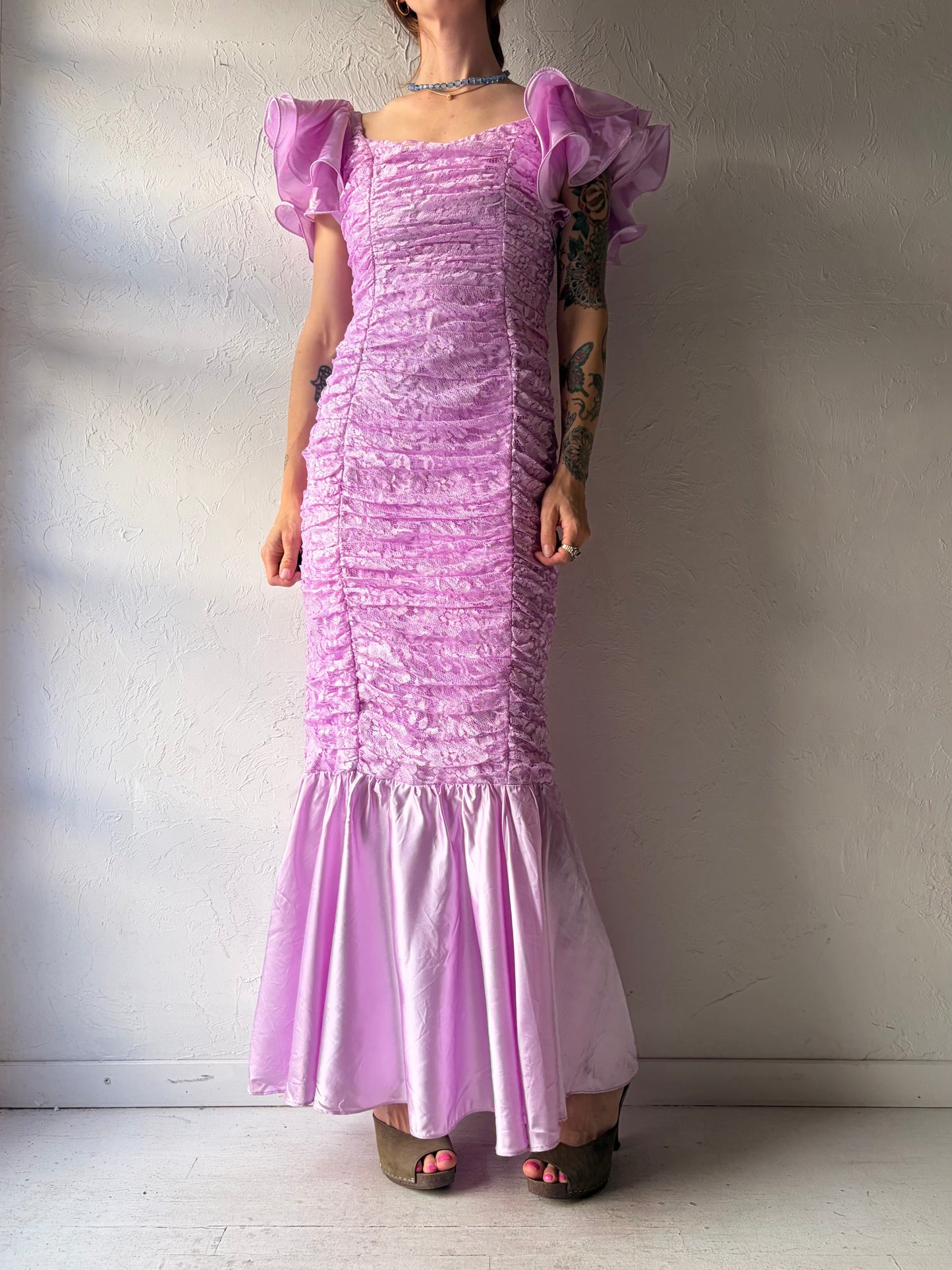80s Purple Lace Ruffle Sleeve Mermaid Tail Formal Dress / Medium