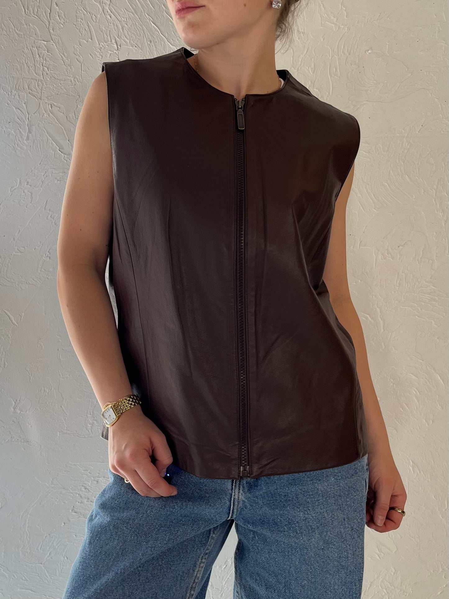 Y2k 'Preston & York' Brown Leather Vest / Medium