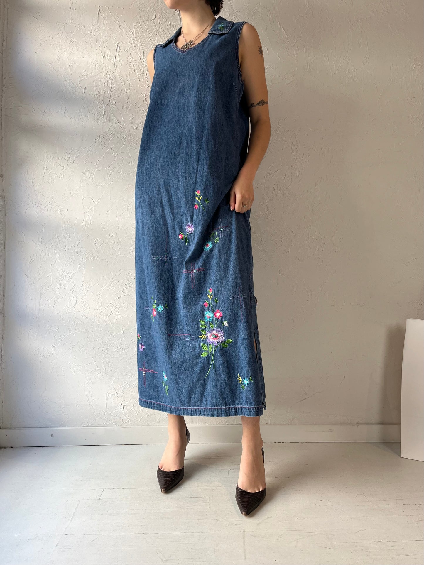 90s 'Studio Ease' Embroidered Denim Maxi Dress / Large