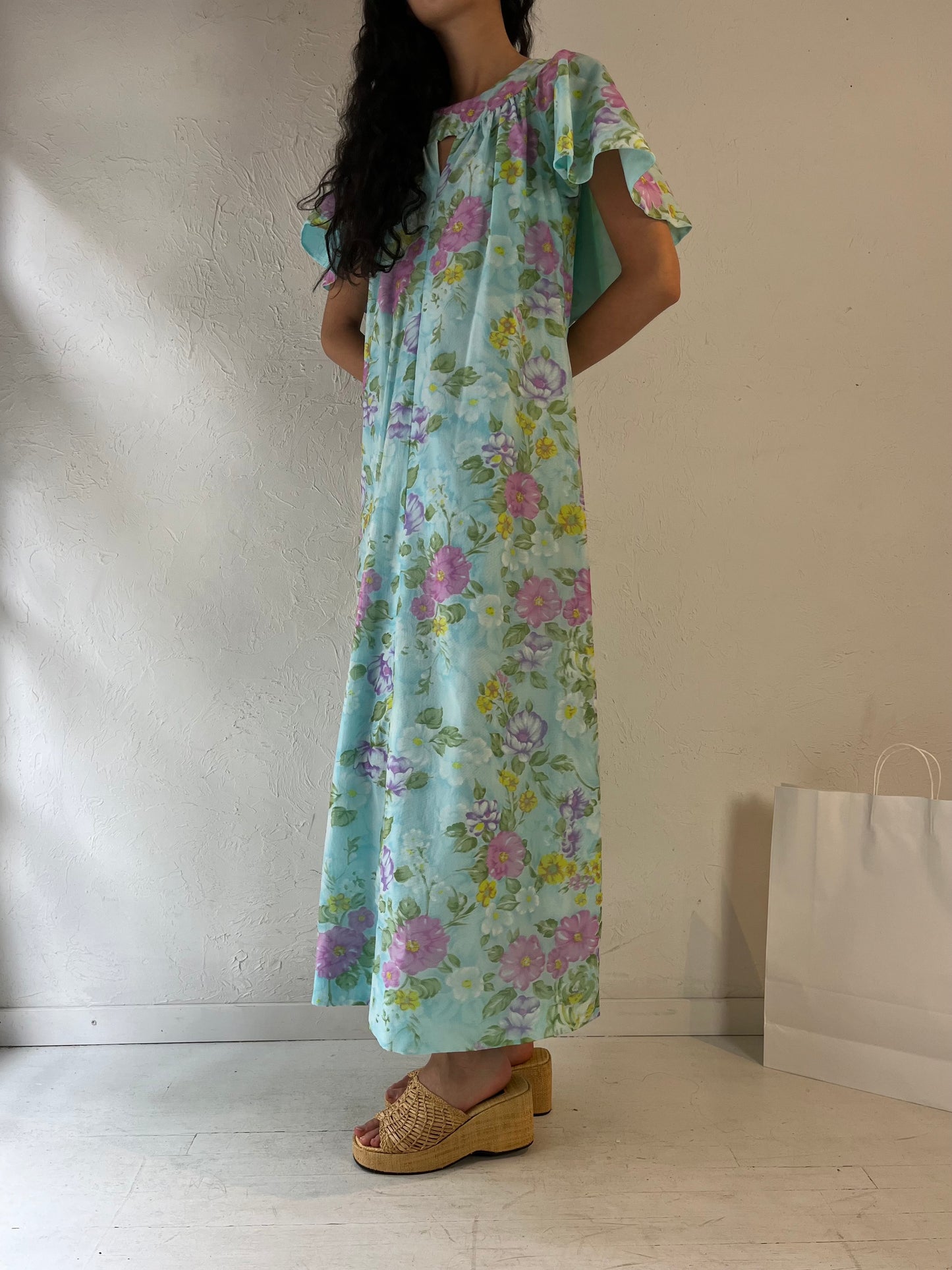 70s Handmade Blue Floral Kaftan Dress / Medium