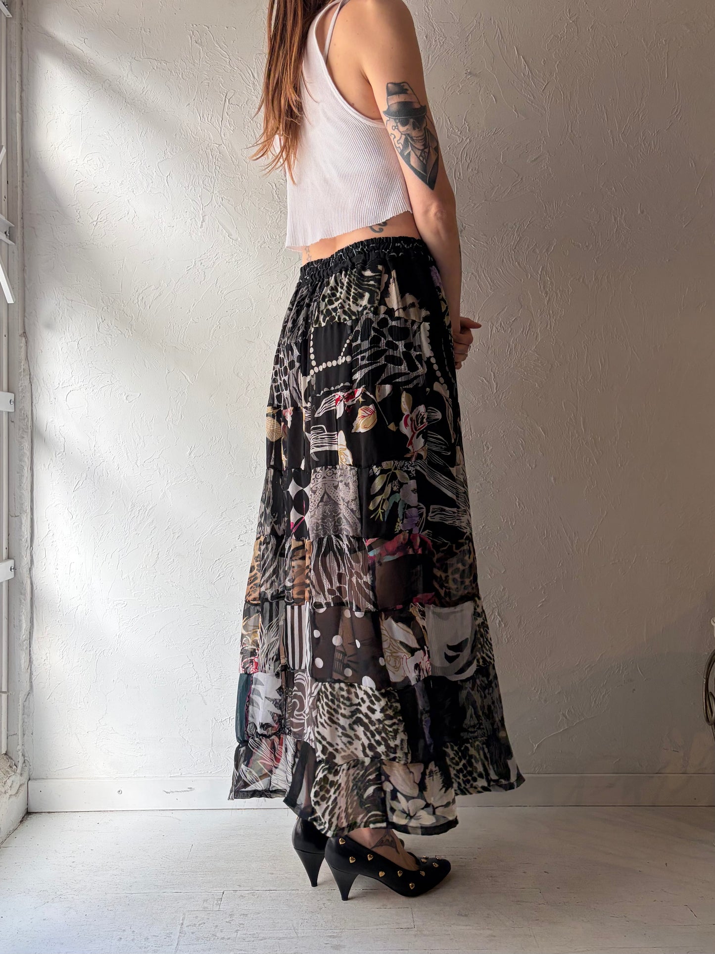 Vintage Patchwork Hippie Boho Rayon Spring Summer Maxi Skirt / Small