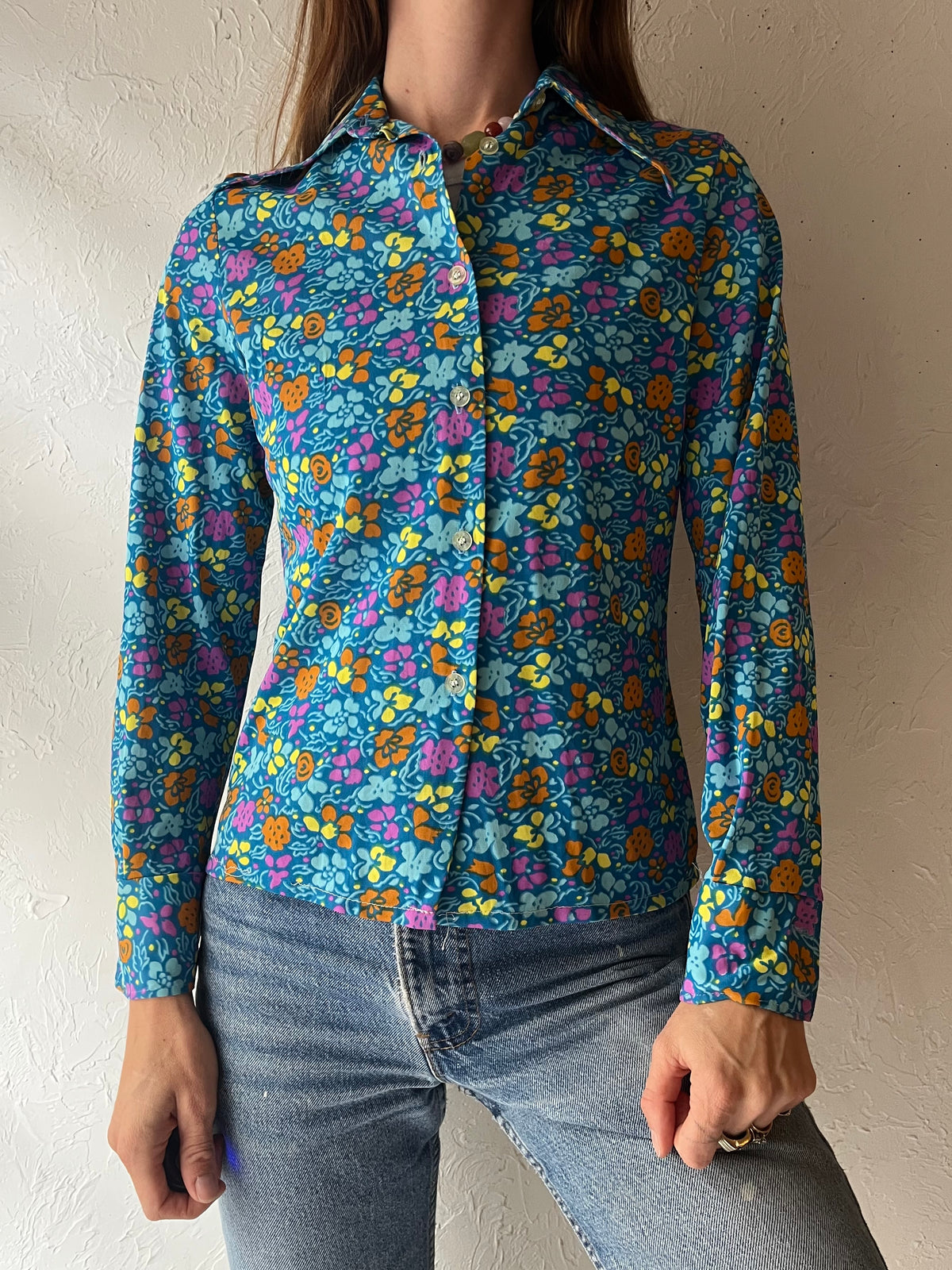 70s Vintage Blue Rainbow Floral Print Dagger Collar Retro Mod Hippie Button Up Shirt / Small