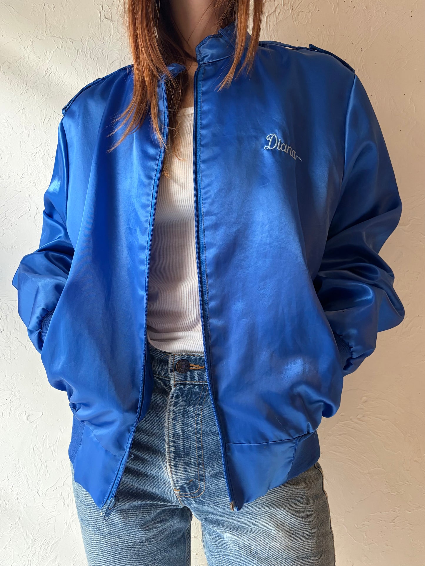 90s 'Satins'  Blue Embroidered Nylon Bomber Jacket / Large