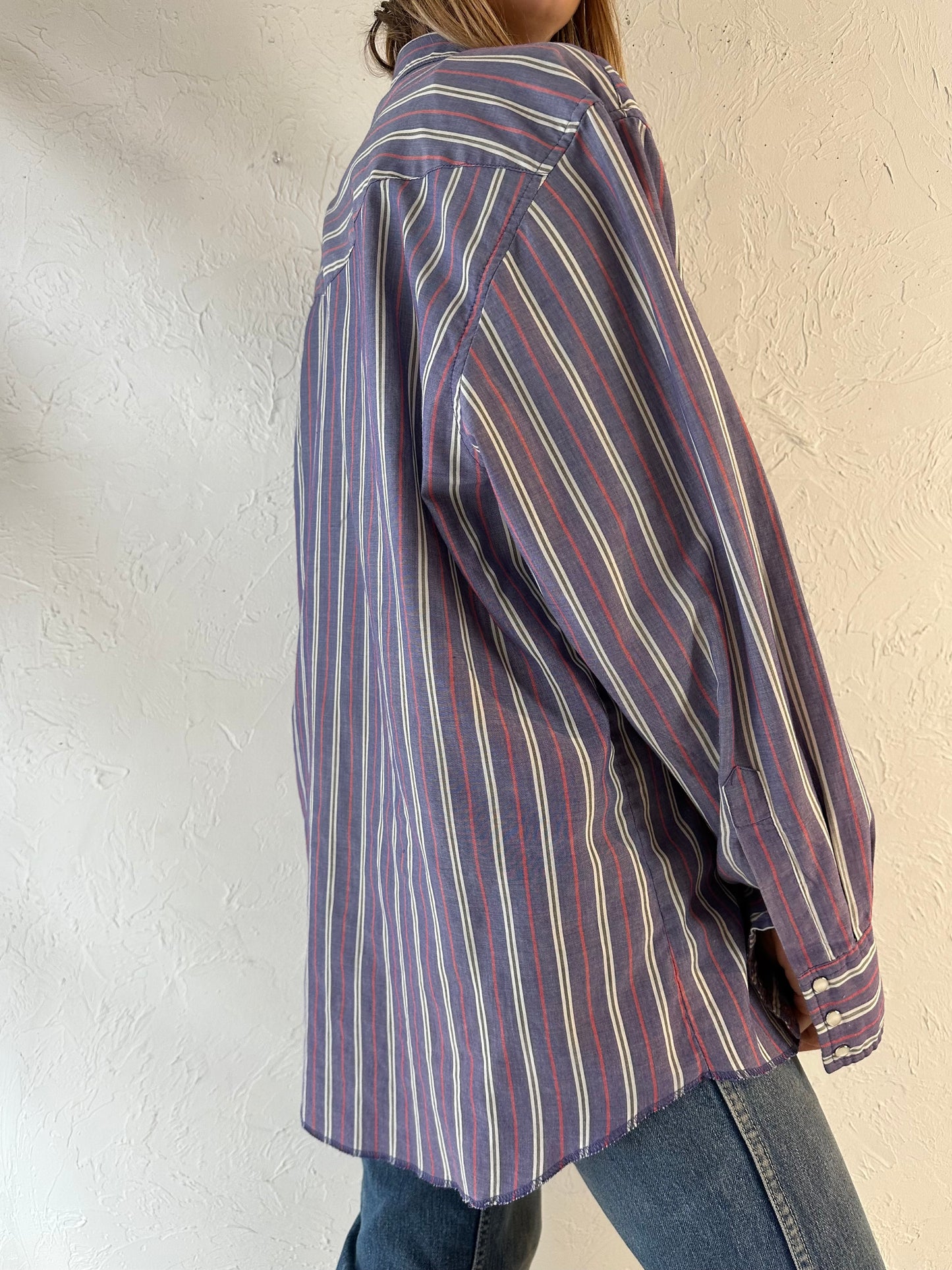 90s ‘Wrangler’ Striped Pearl Snap Shirt / Large