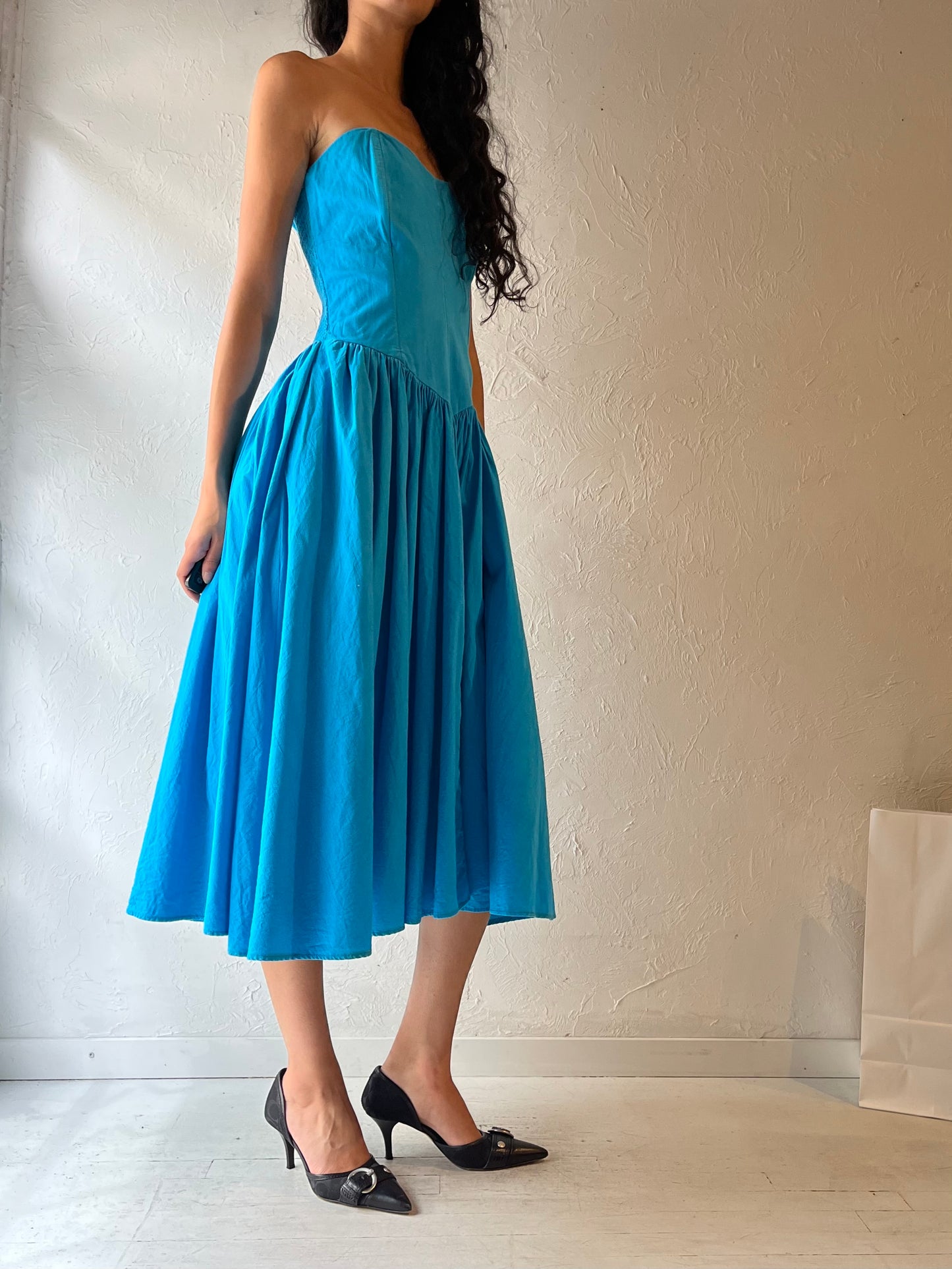 90s ‘Nordstrom’ Blue Strapless Dress / Medium