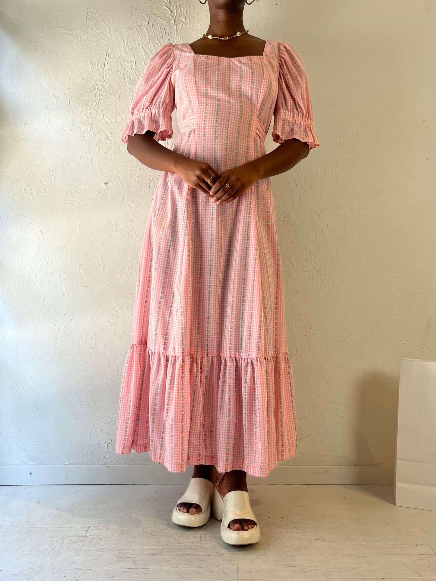 Vintage Pink Gingham Peasant Dress / Medium