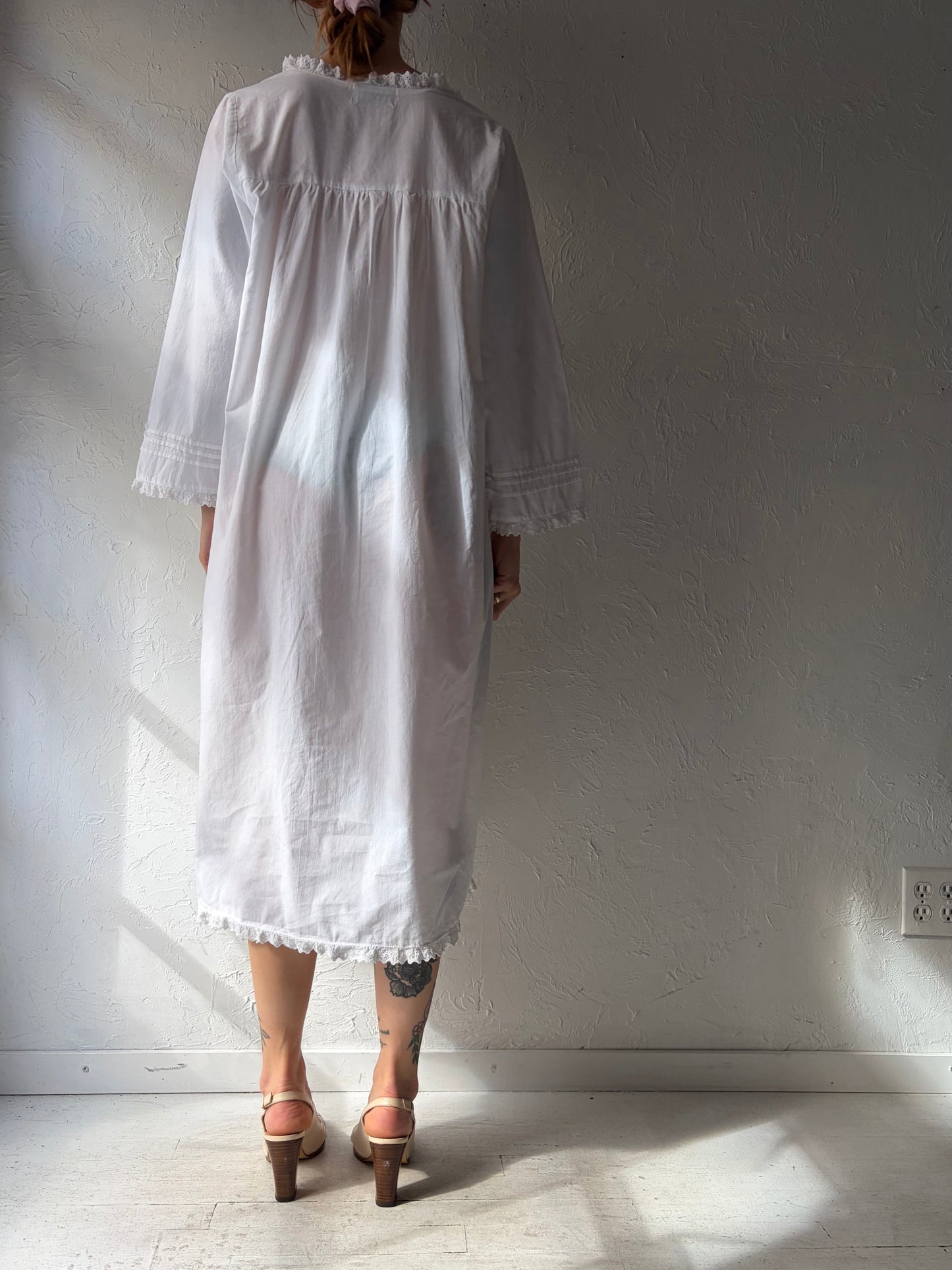90s 'Nice N Comfy' White Long Sleeve Nightgown Dress / Vintage Cotton Nighty Dress /Large