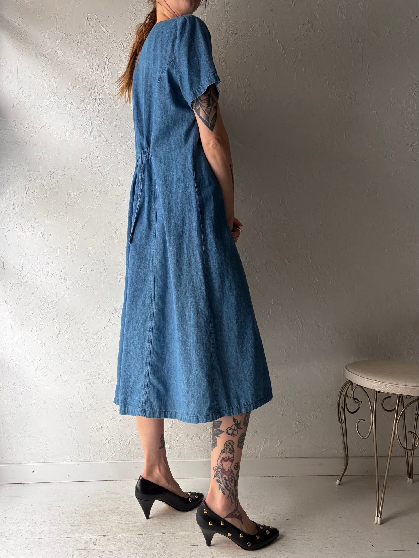 90s 'Fair Set' Embroidered Denim Dress / Medium