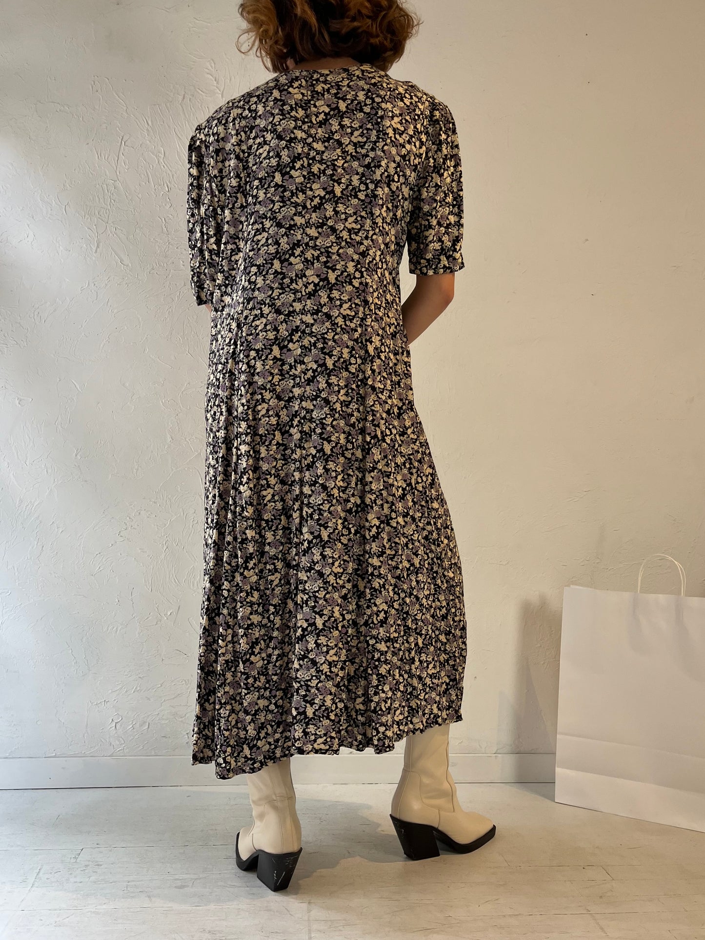 90s 'Scarlet' Floral Print Rayon Maxi Dress / Large