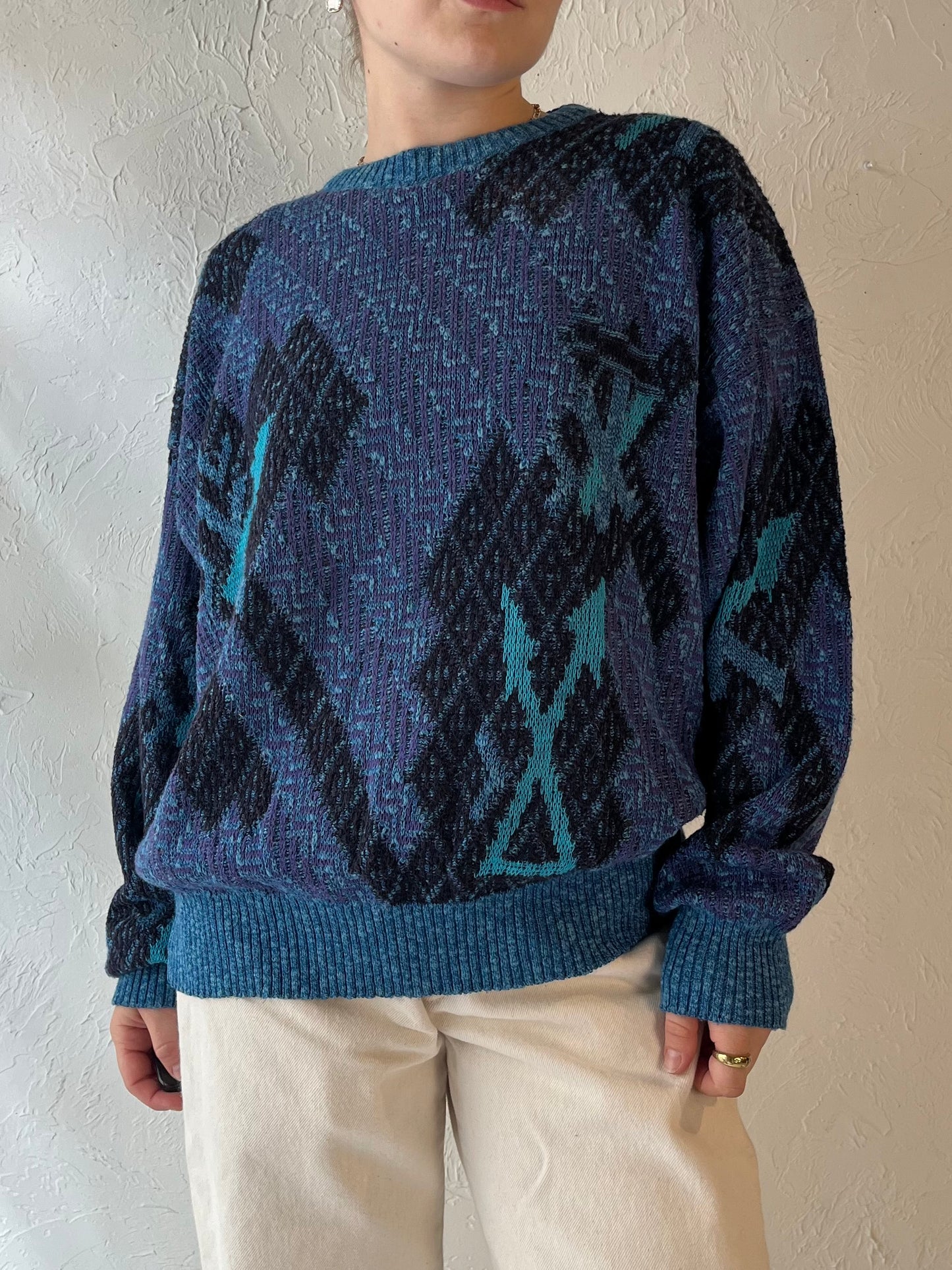 Vintage Blue Patterned Acrylic Knit Sweater / Medium