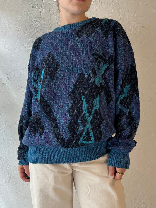 Vintage Blue Patterned Acrylic Knit Sweater / Medium