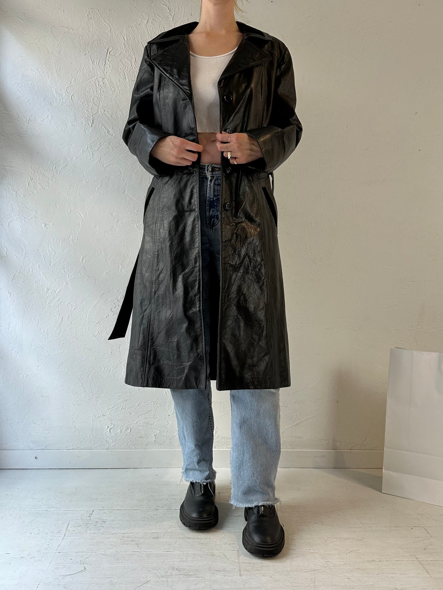 Vintage Black Leather Trench Coat / Medium