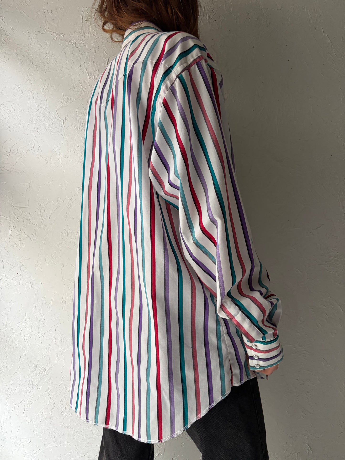 80s 'Wrangler' Stripped Western Pearl Snap Shirt / Vintage 1980s Cowboy Workwear Shirt / Large