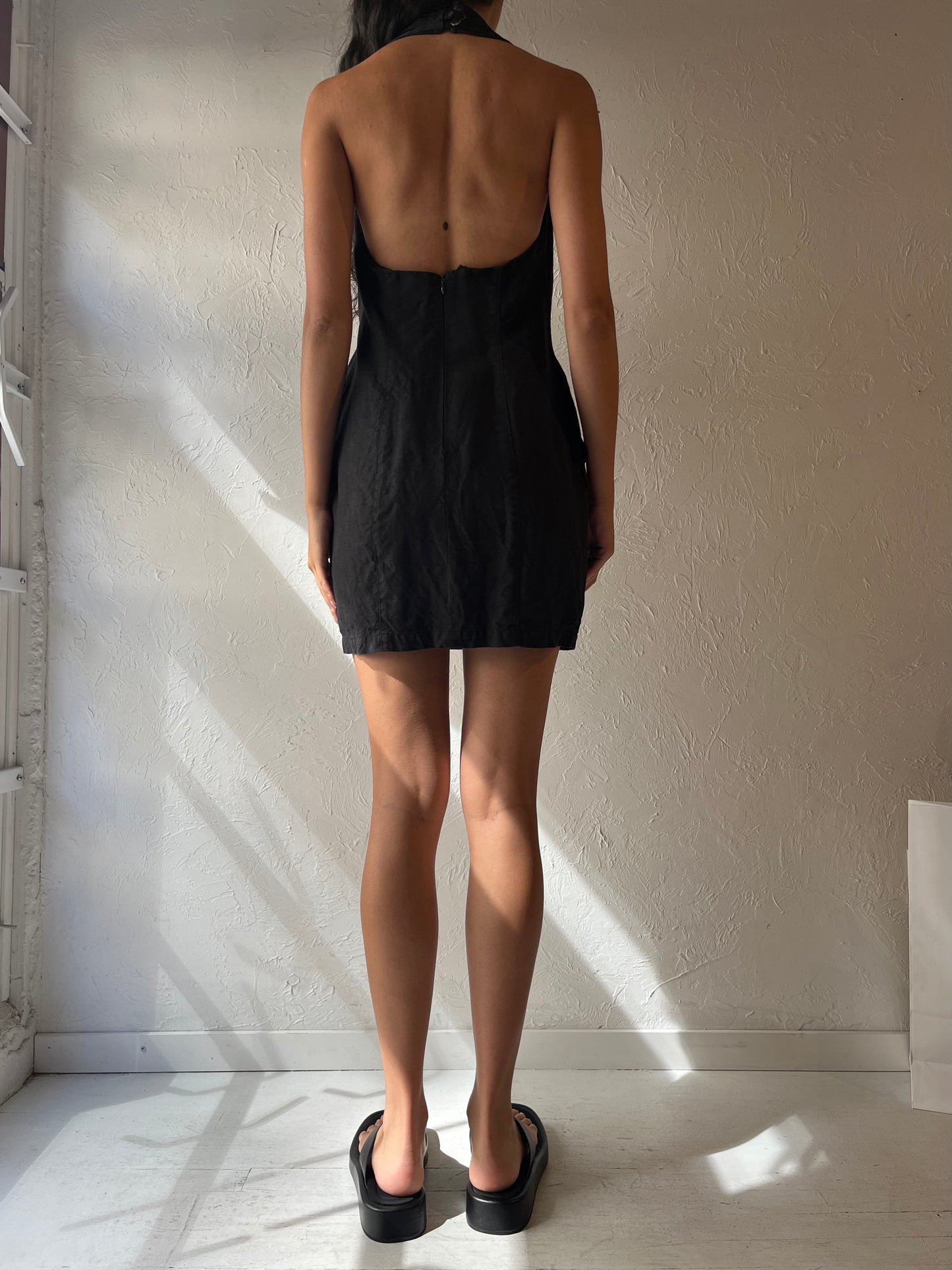 90s 'Jean Claude Poitras' Black Linen Halter Mini Dress / Small