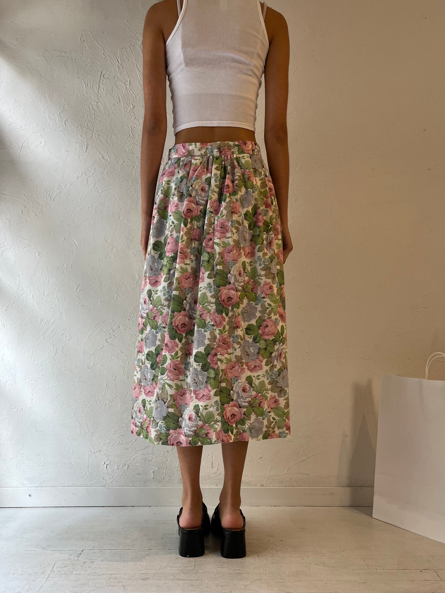 90s Pastel Floral Print Midi Skirt / Small