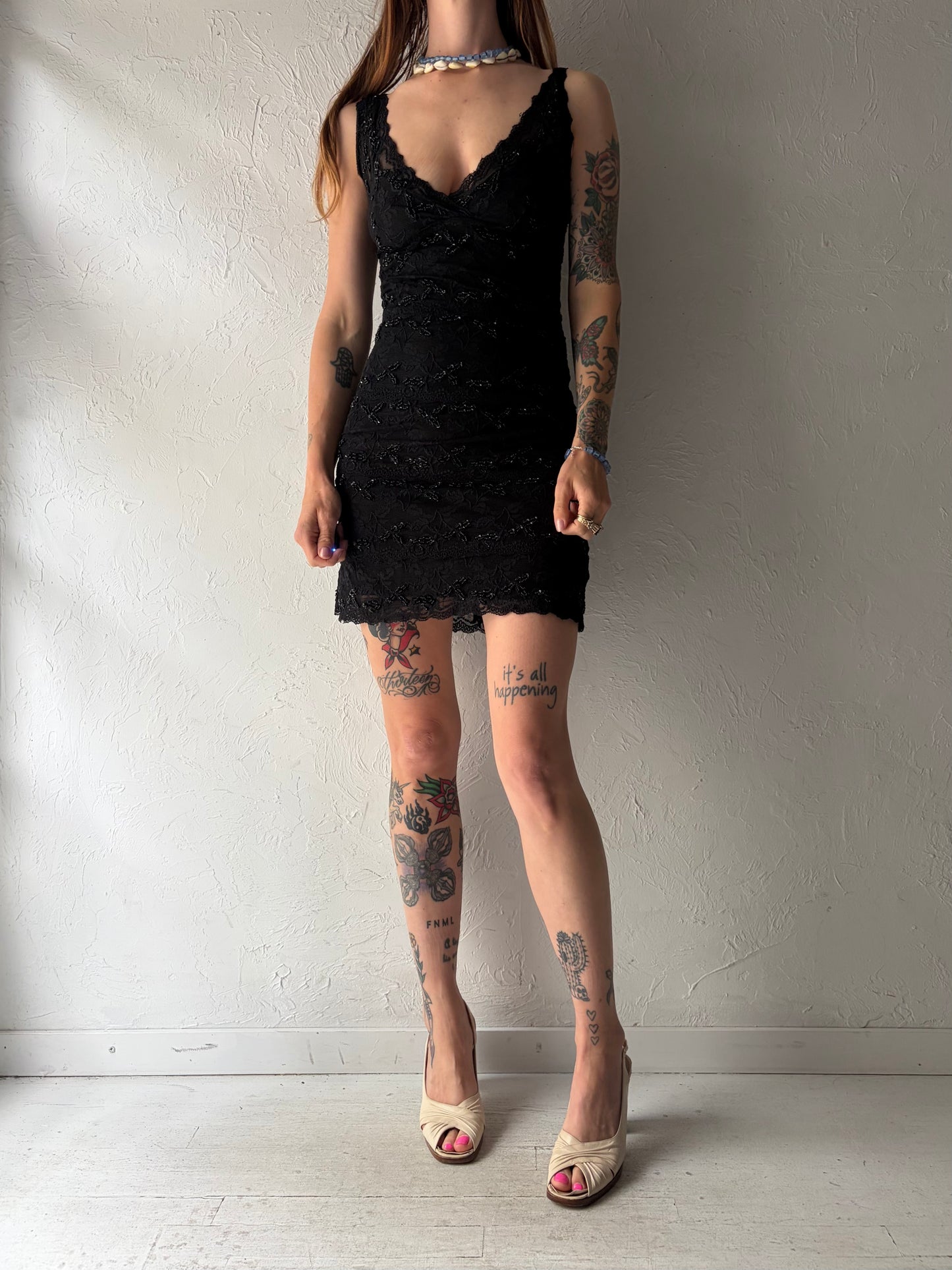 Y2k 'Le Chateau' Black Romanic Lace Beaded Mini Party Dress / XS