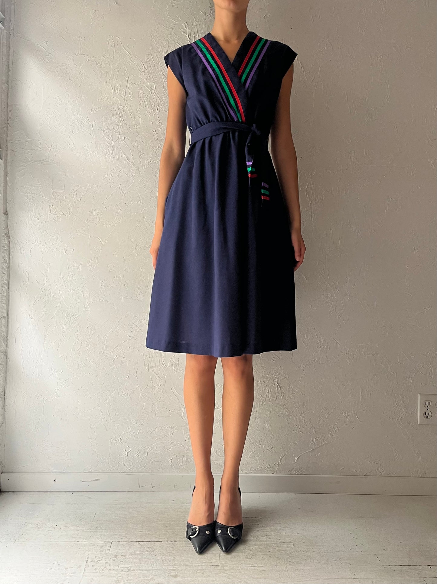 70s 'Mr Suli' Navy Blue V Neck Midi Dress / Small