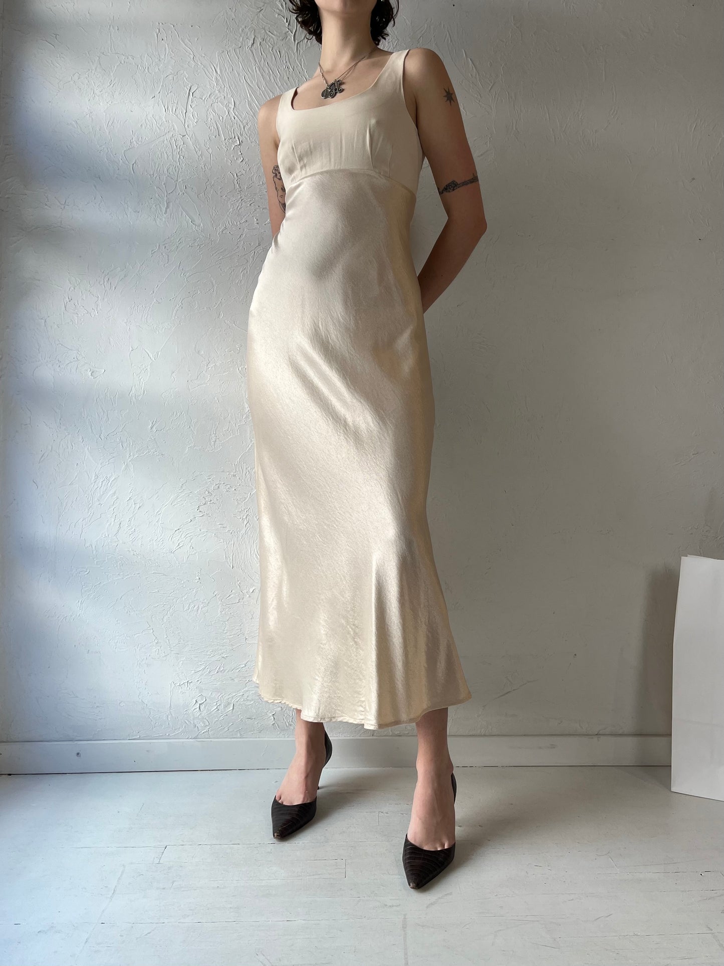 90s Cream Silky Formal Dress / Small