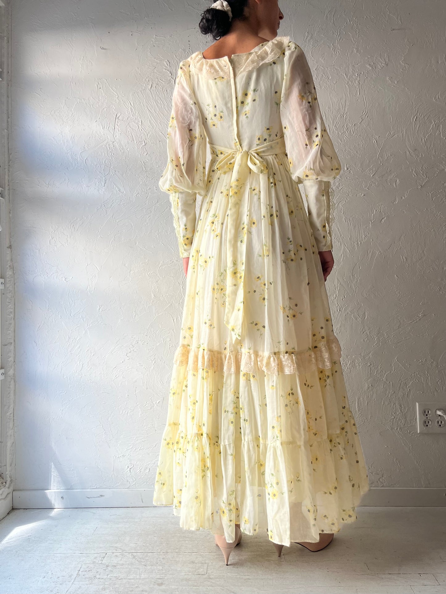 70s 'Shamash & Yofi Gunne Sax' Yellow Floral Long Sleeve Peasant Dress / Small