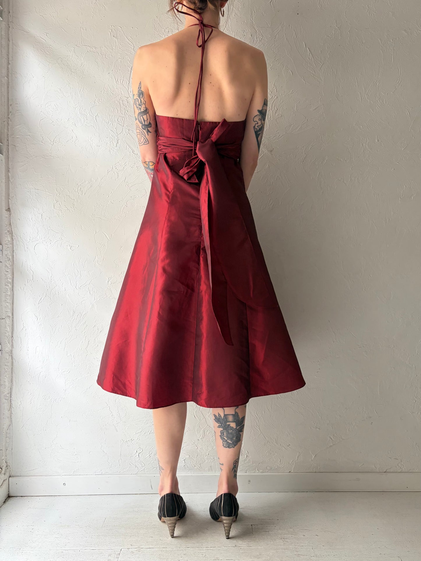 90s 'Sally' Red Formal Halter Dress / Small