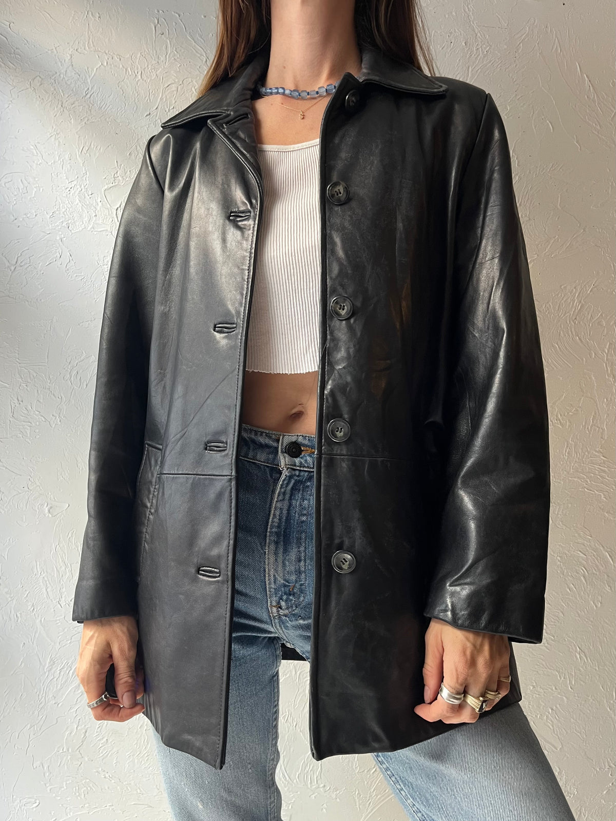 90s ‘Danier’ Black Leather Oversized Car Coat Minimalist Grunge Moto Jacket / Small