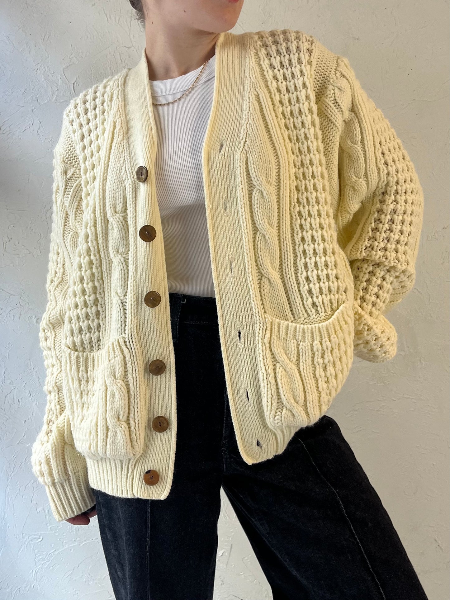 80s 'Sears' Acrylic Cream Cable Knit Cardigan / Medium