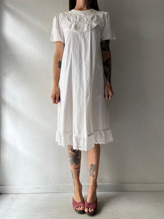 Vintage White Cotton Cottage Core Midi Dress / Small