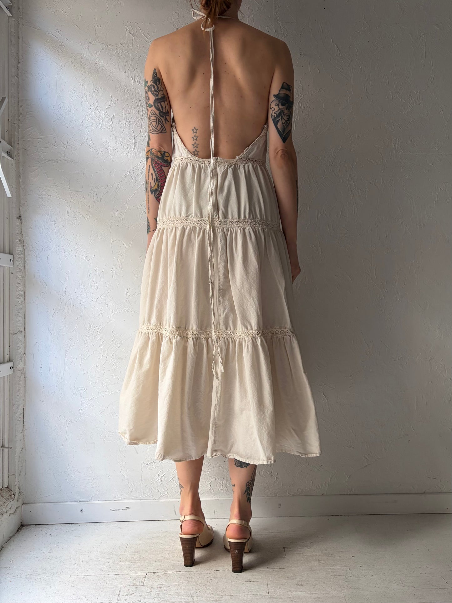 Vintage Cream Cotton Crochet Boho Hippy Dress / Medium