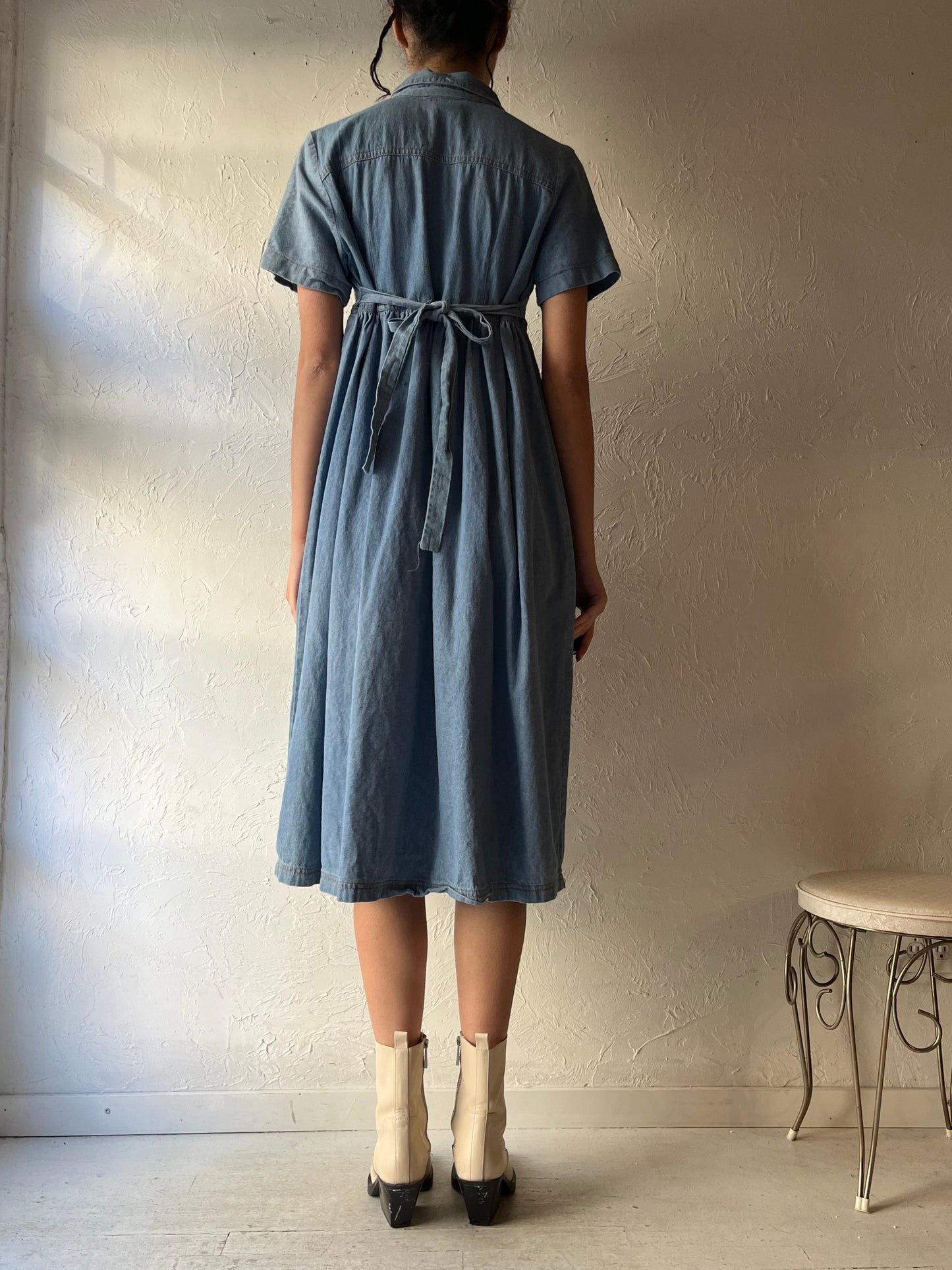 90s 'Cadenza' Light Blue Denim Midi Dress / Small