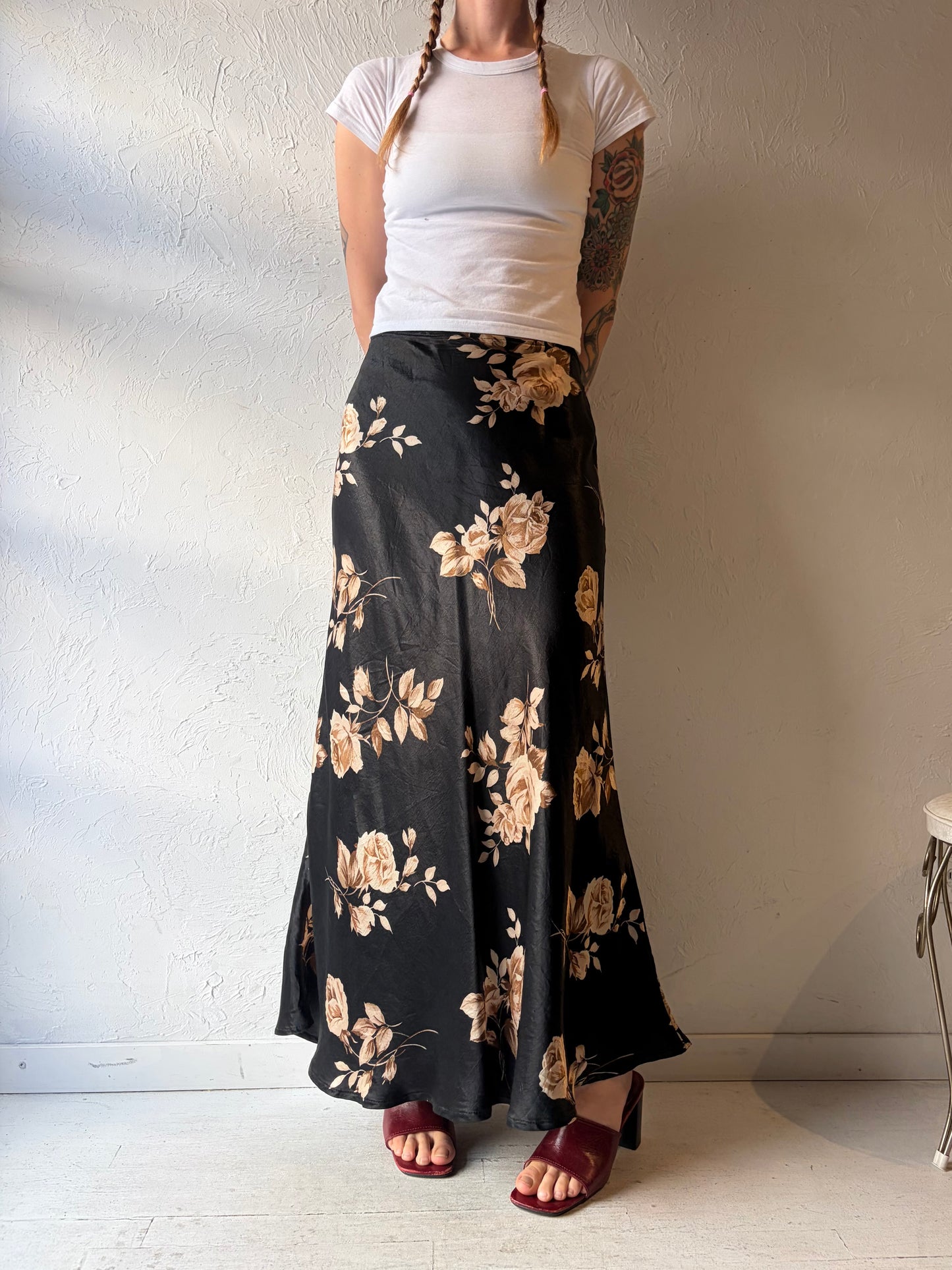 90s 'Le Chateau' Silky Floral Maxi Skirt / Small