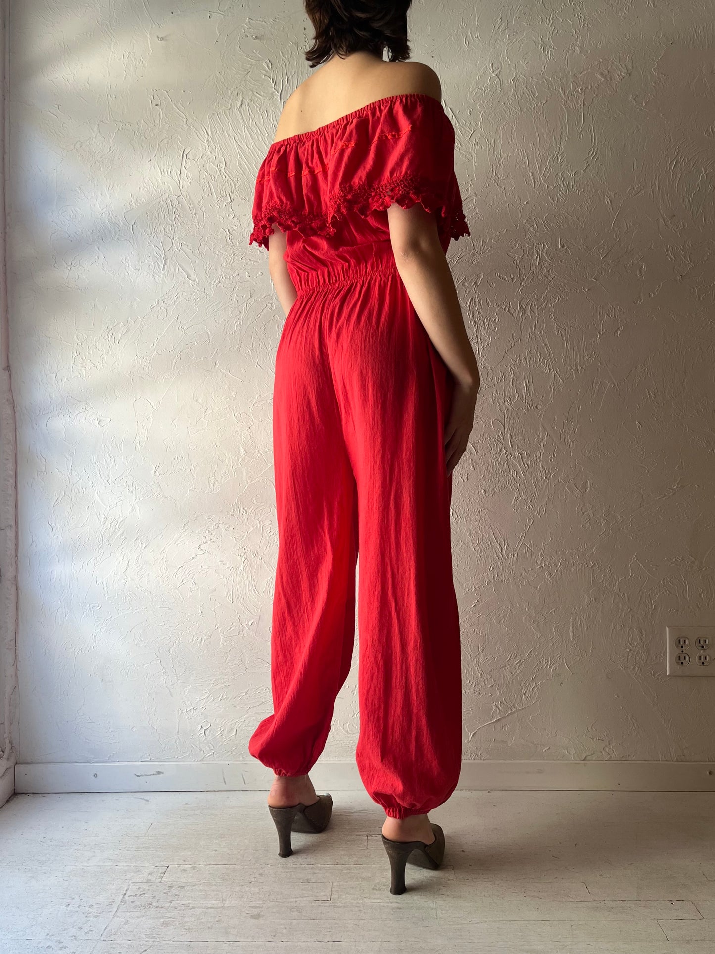 Vintage Romantic Red Boho Fairycore Summer Jumpsuit / Medium