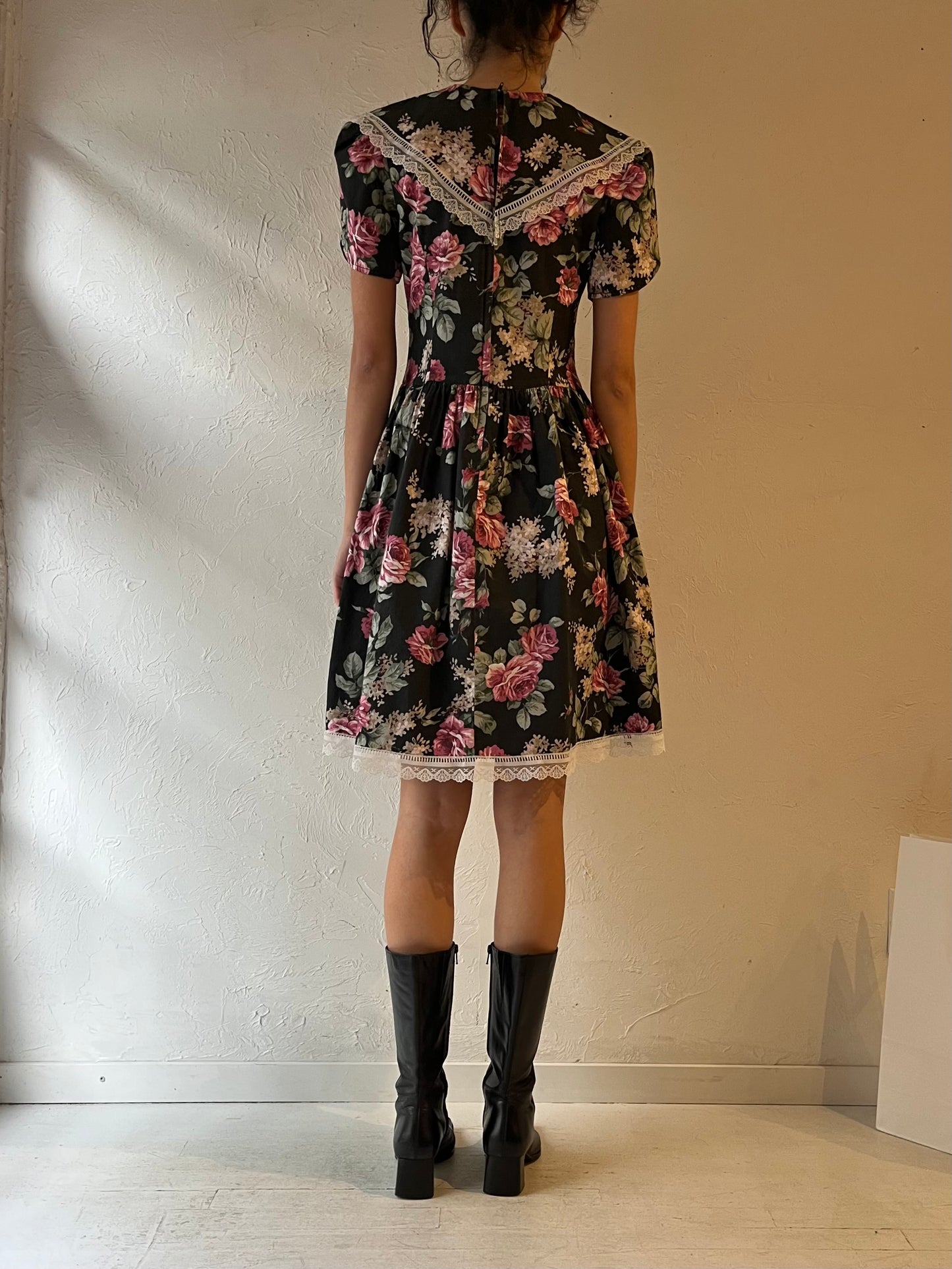 Vintage Black Floral Mini Dress / Small