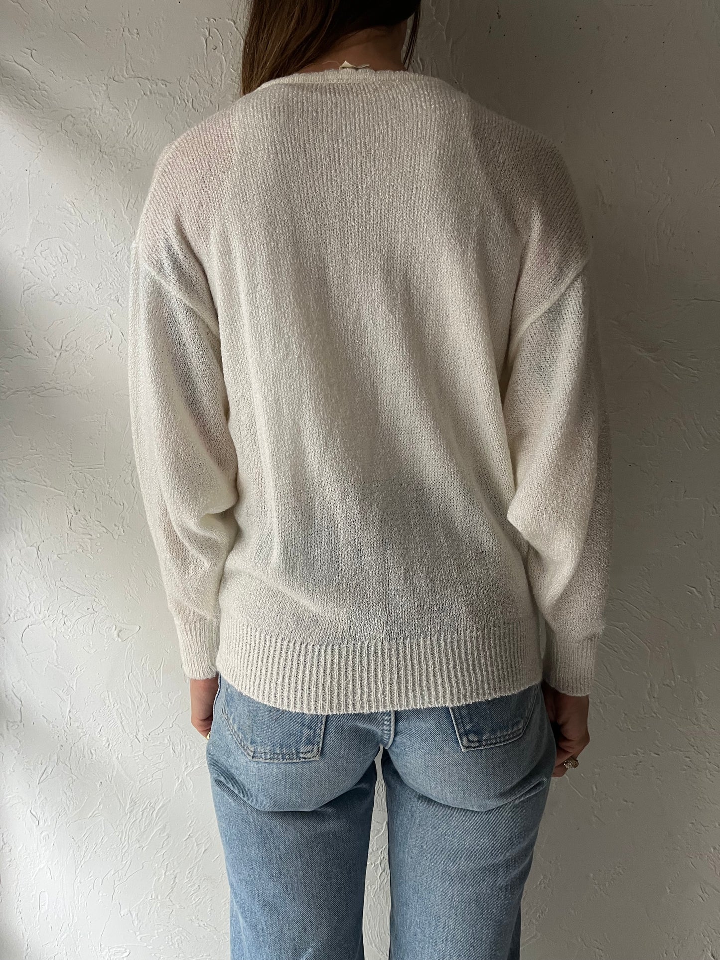 90s 'Tan Jay' White Acrylic Knit Sheer Sweater / Medium