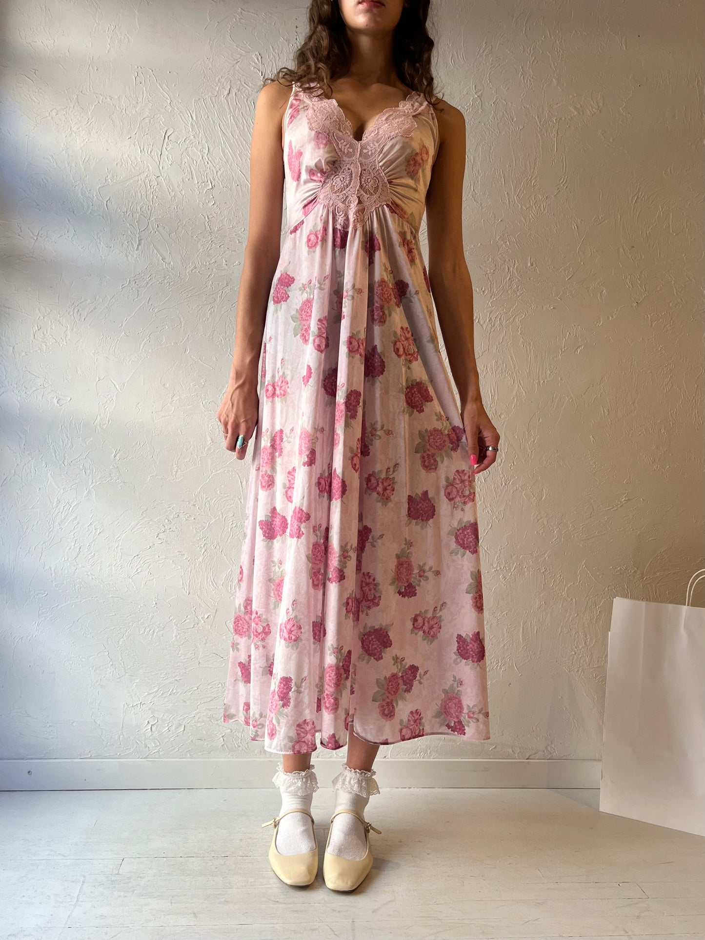 70s 'Olga' Pink Floral Slip Dress / Small