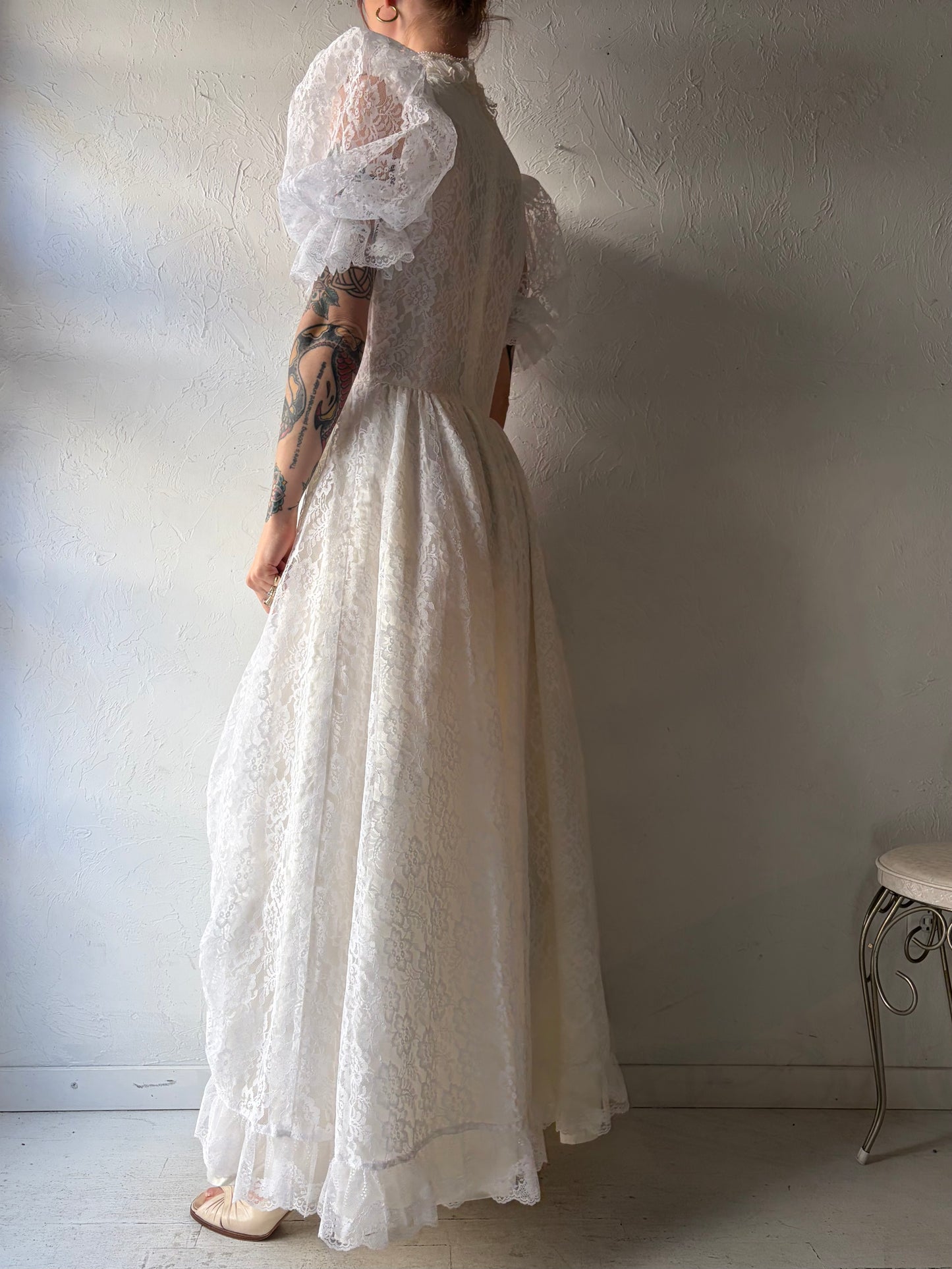 80s 'Gunne Sax' White Lace Puff Sleeve Wedding Dress / Medium