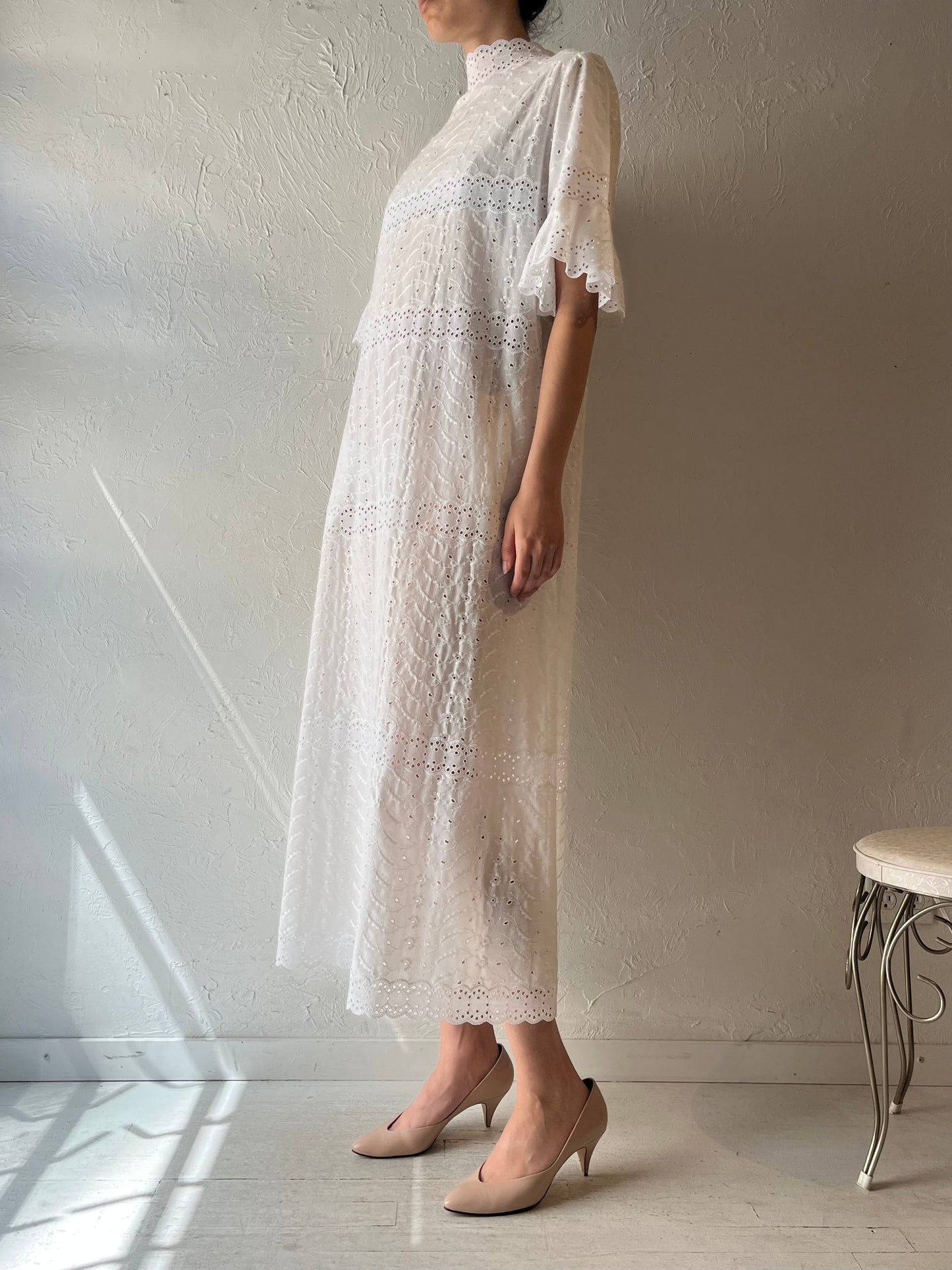 Vintage Handmade White Embroidered Cotton Prairie Summer Maxi Dress / Romantic Cottagecore Sundress / Medium