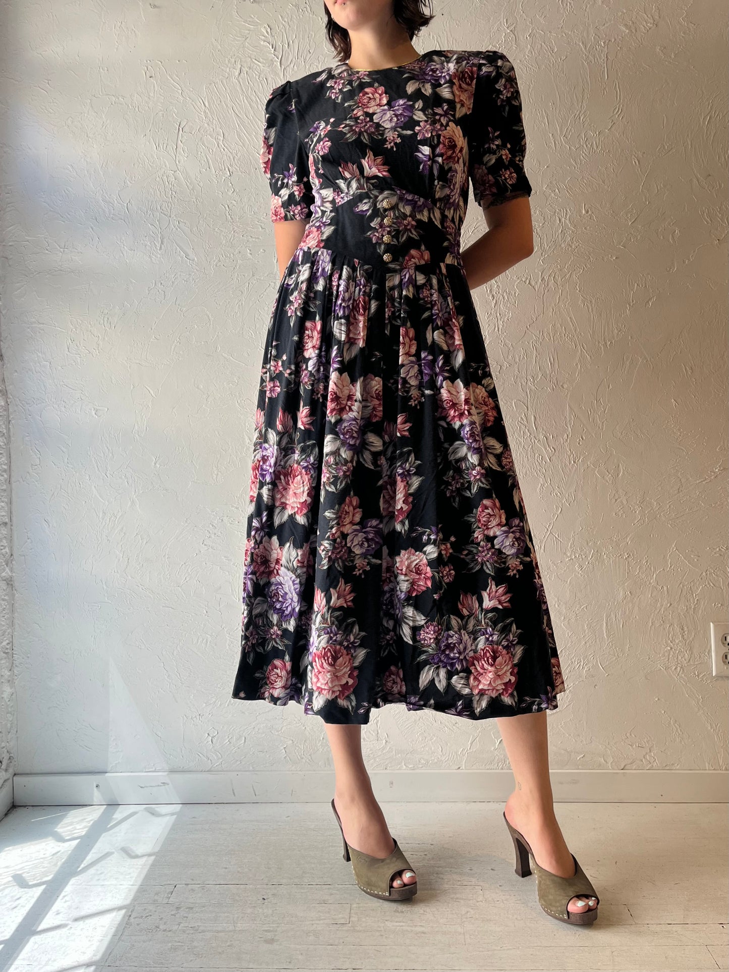80s 'Miss Dorby' Black Floral Retro Summer Garden Party Midi Dress / Vintage 1980s Cottagecore Prairie Sun Dress / Medium