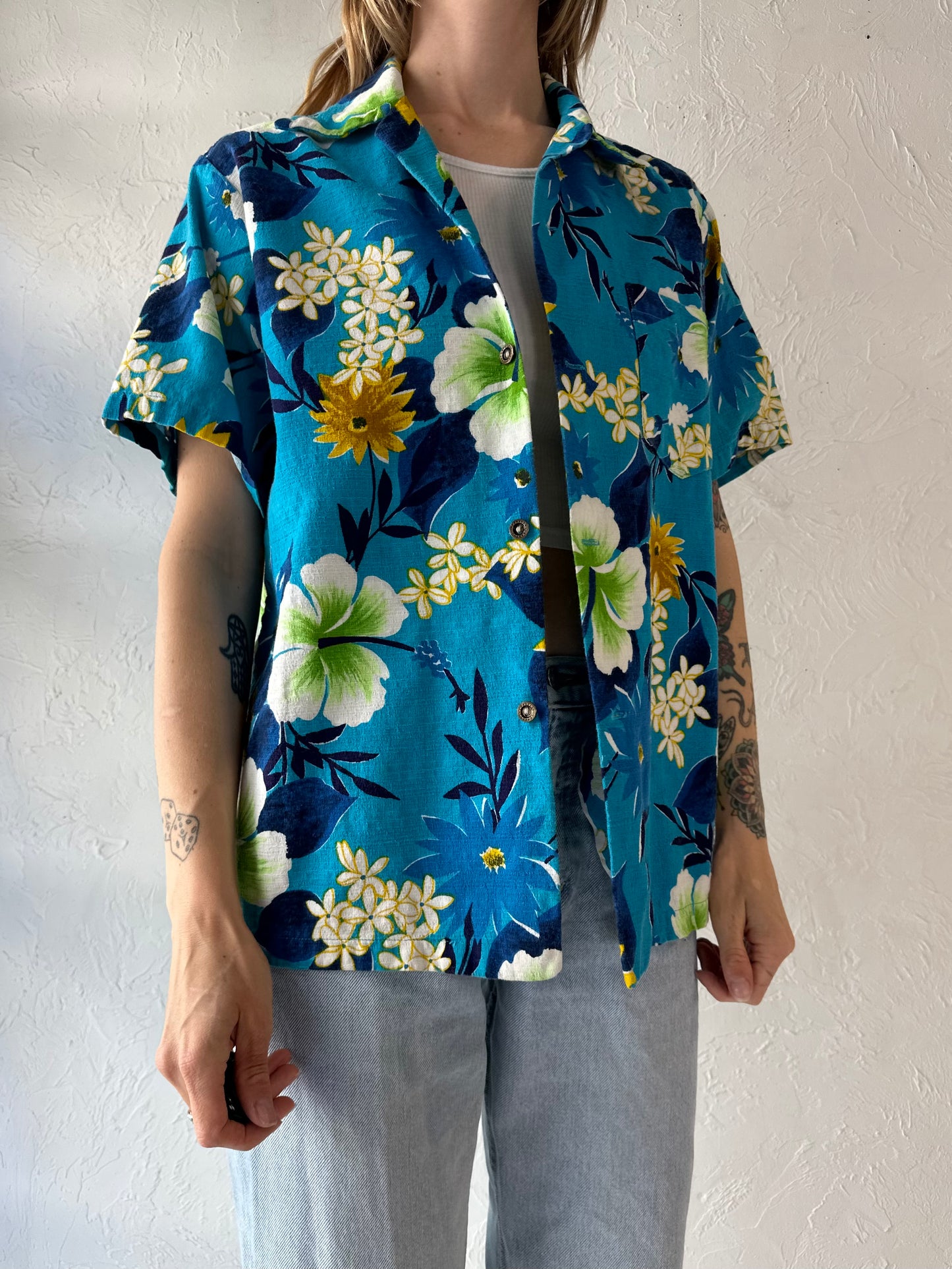 70s Blue Cotton Hawaiian Shirt / Medium