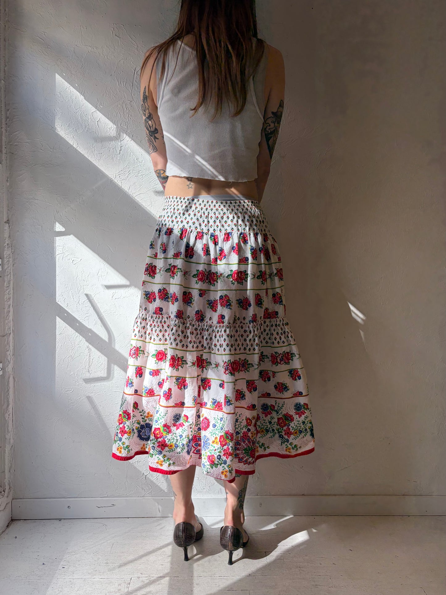 90s 'Liz Sport' Floral Cotton Teared Skirt / Medium