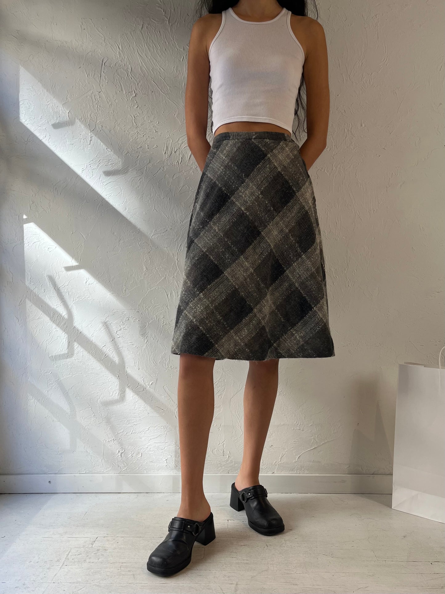 80s 'Casualaire' Grey Plaid Midi Skirt / Small