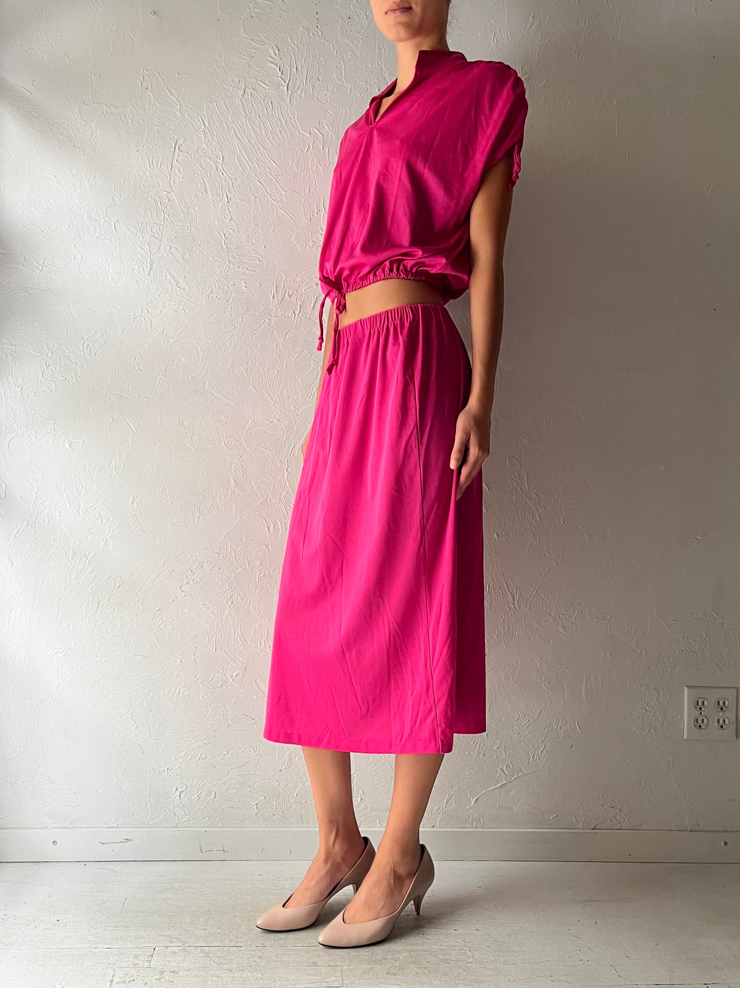 70s Hot Pink Two Piece Skirt Top Set / Small
